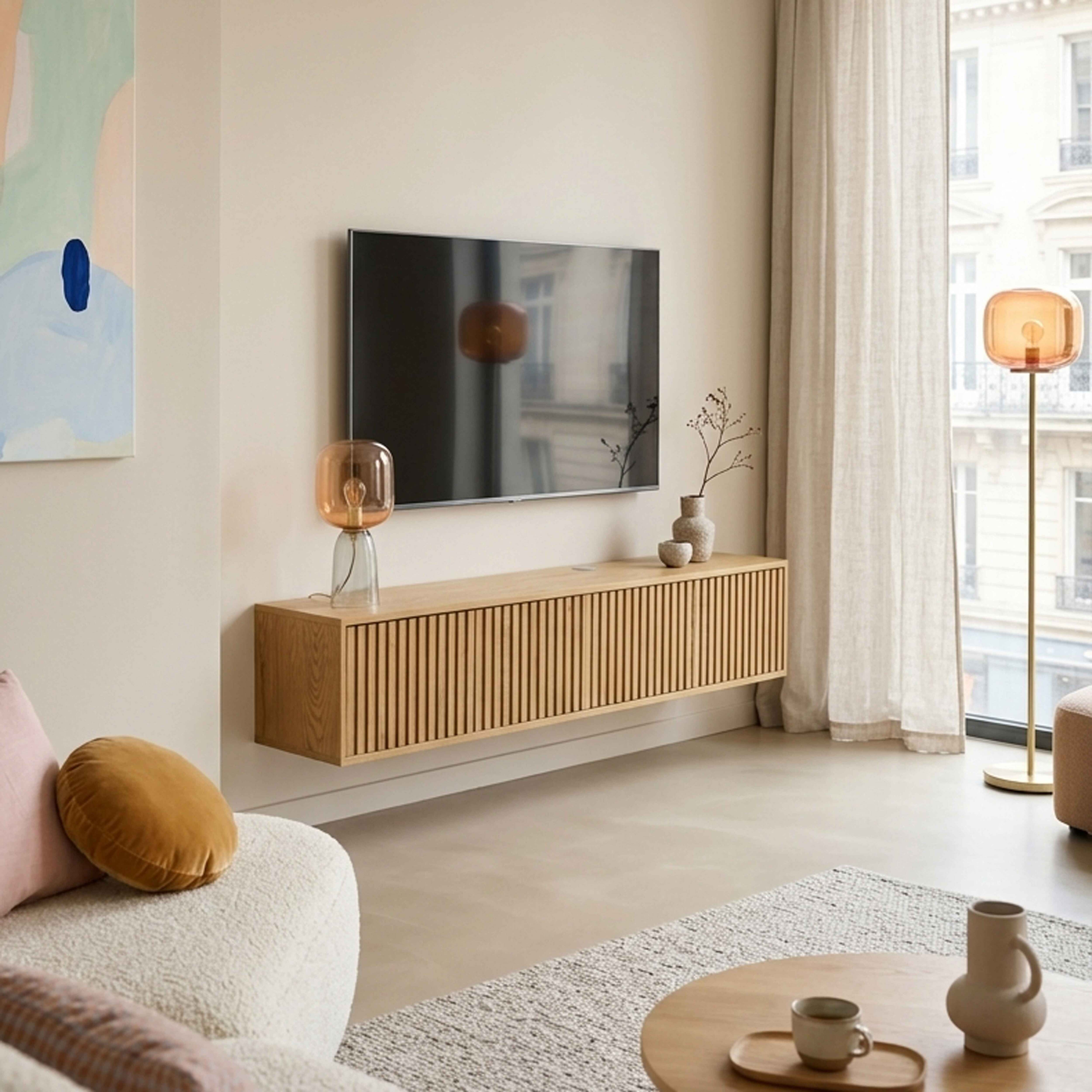 Ein Wohnzimmer mit einem Wandmontierten TV, Holzboden, Lampe und Sofa.