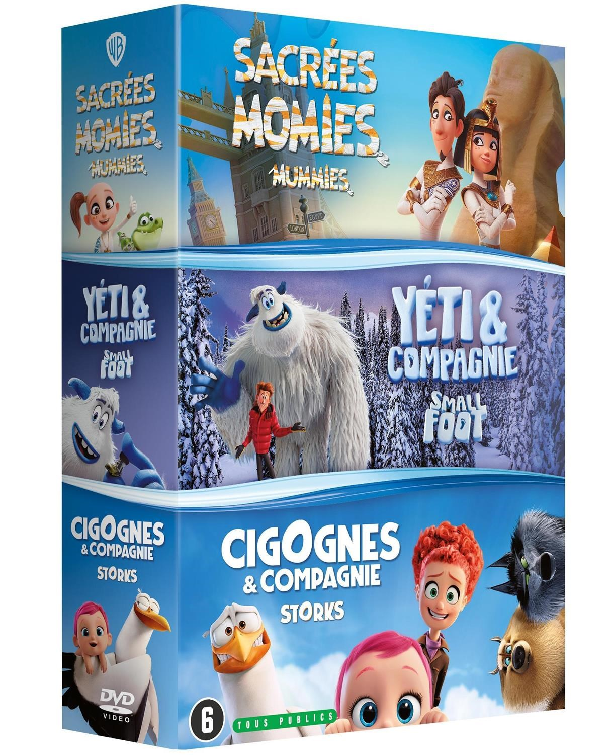 DVD box set met drie films: "Sacrées Momies", "Yeti & Compagnie" en "Cigognes & Compagnie".