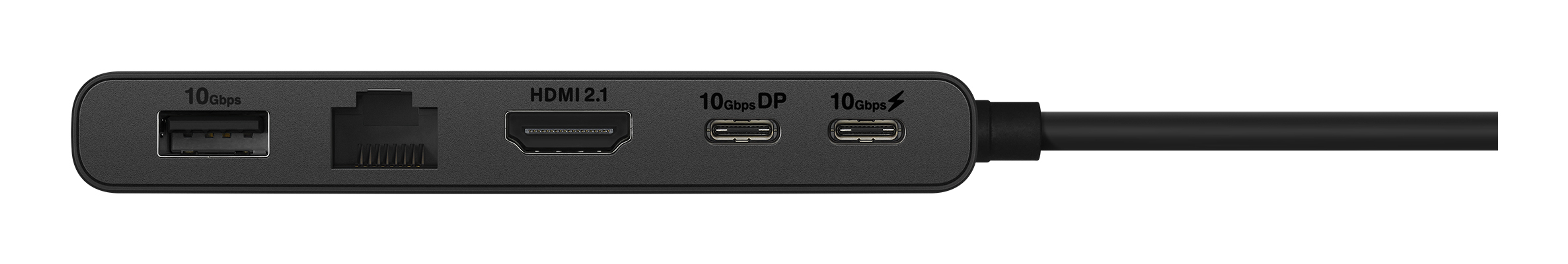 Black adapter with USB-A, Ethernet, HDMI 2.1, and two USB-C ports.