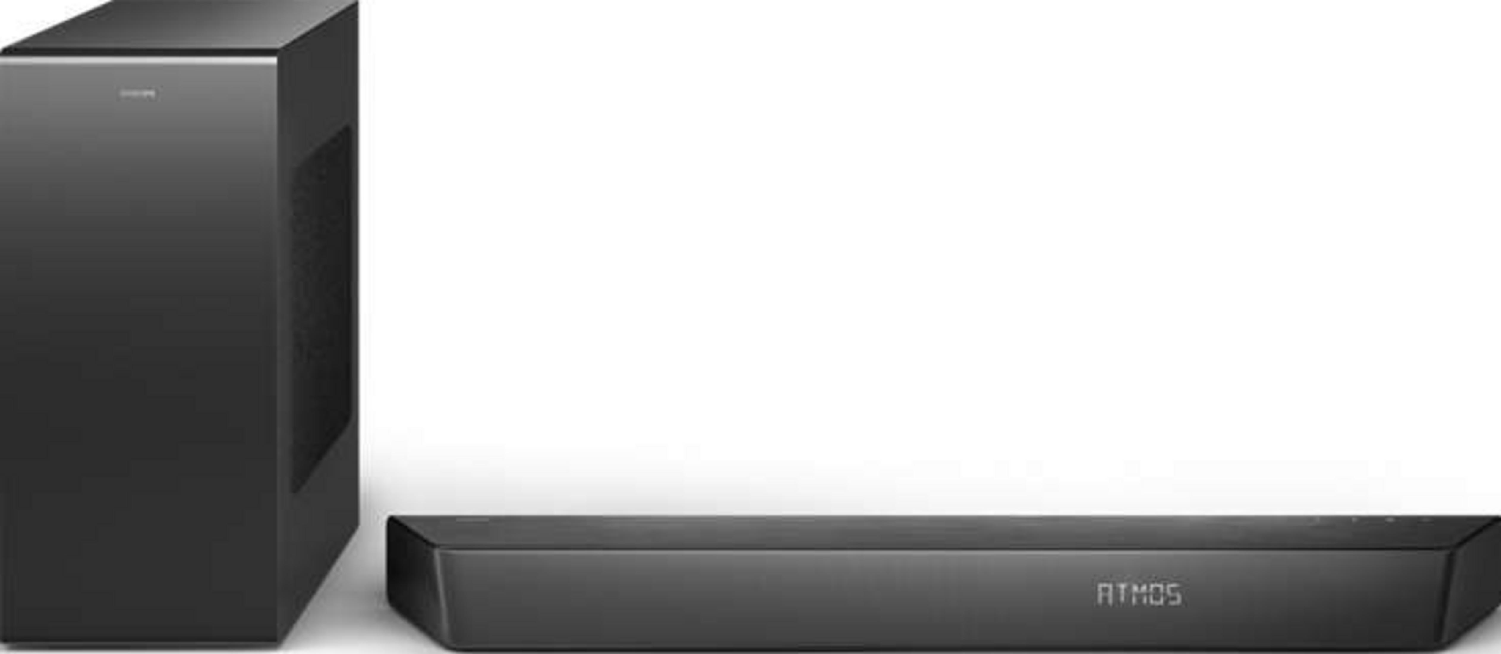 Czarny subwoofer i soundbar z napisem "ATMOS".