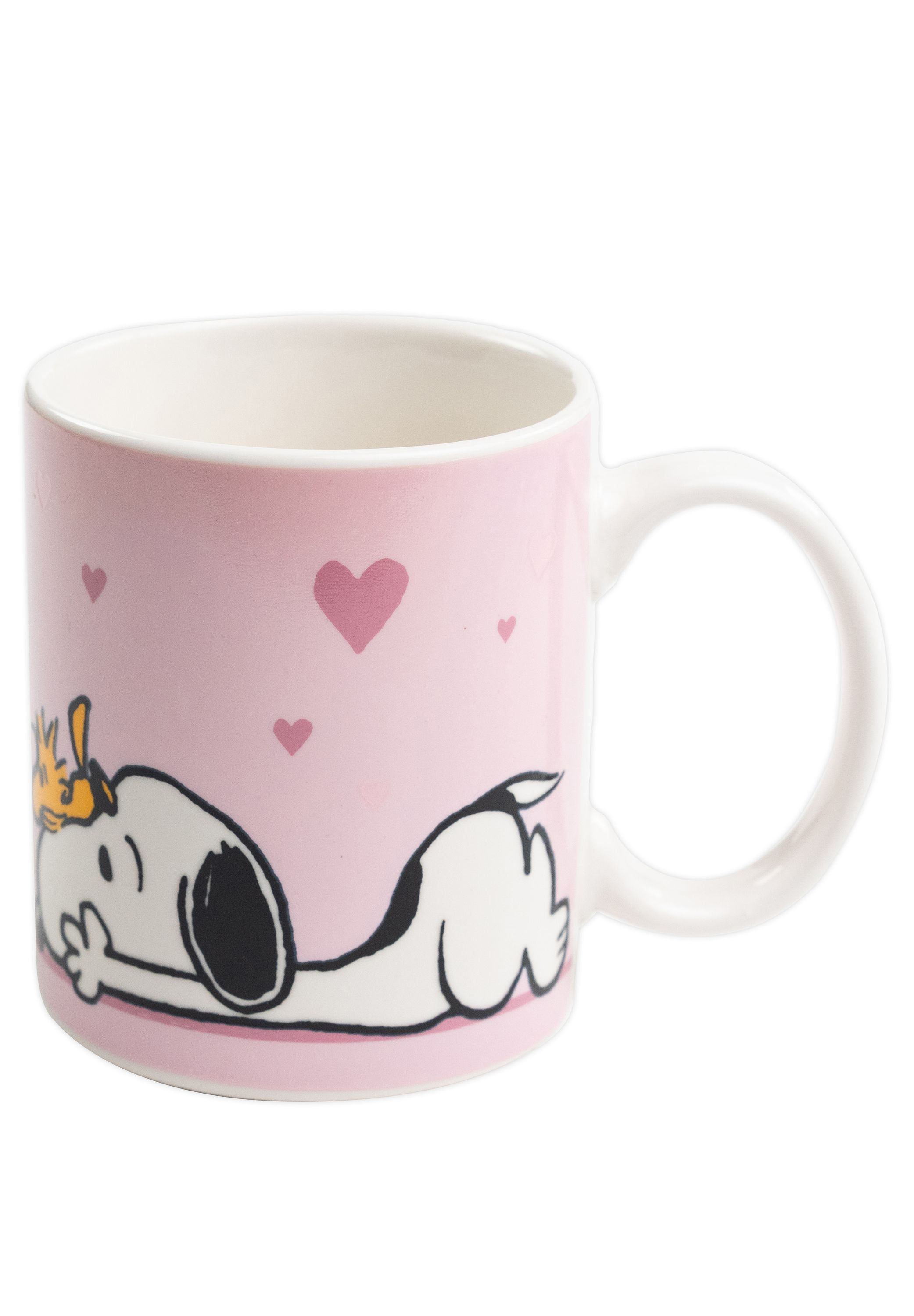 Ein rosa Becher mit Snoopy und Herzen.