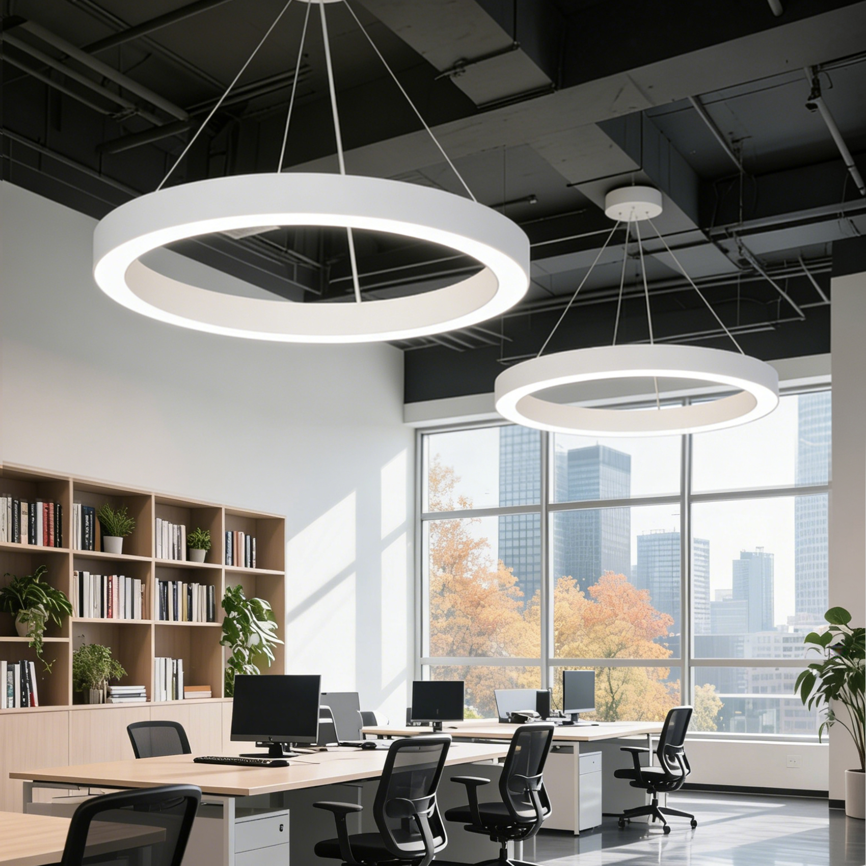 Espacio de oficina moderno con grandes ventanales, escritorios y lámparas colgantes circulares.