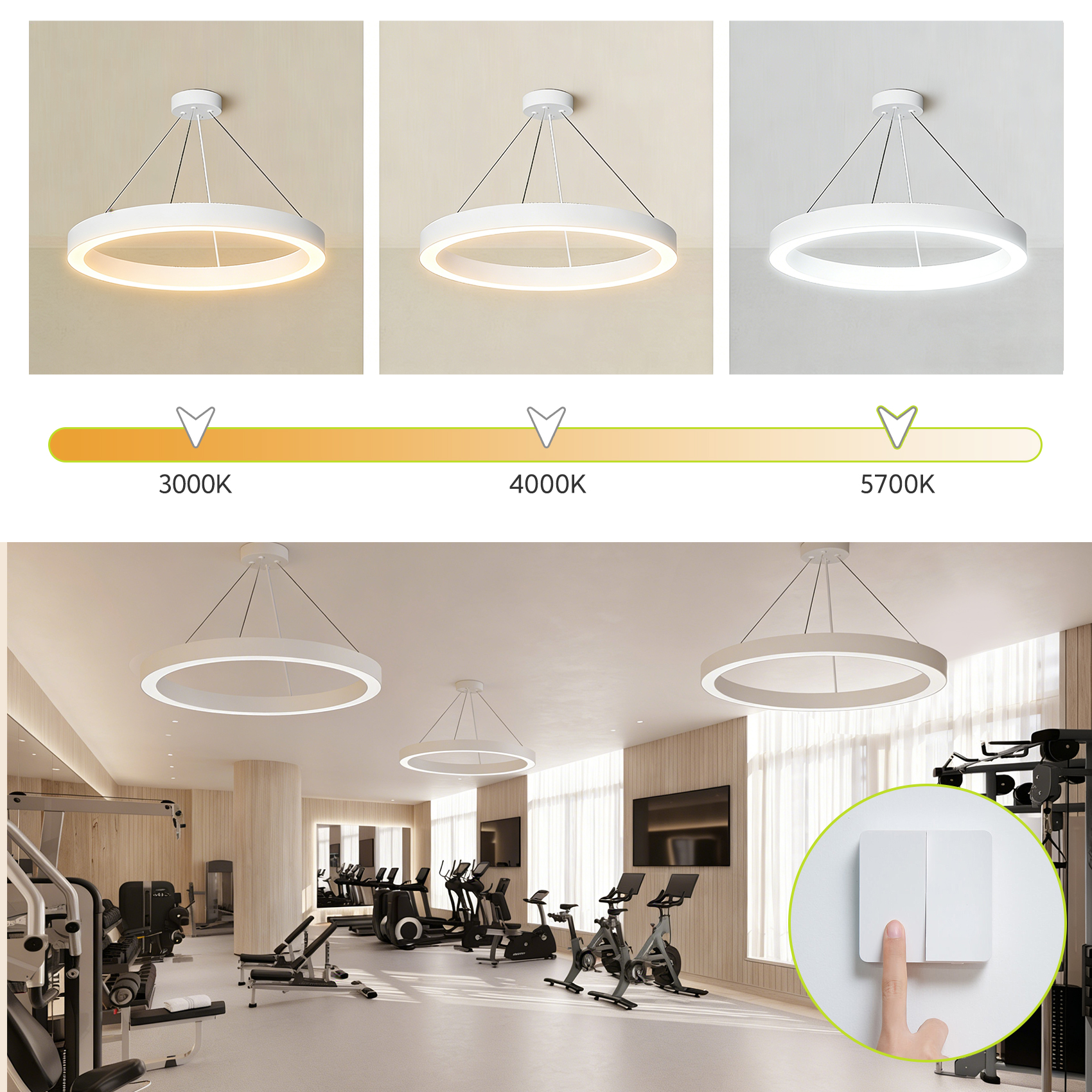 Un gimnasio con cintas de correr, bicicletas y máquinas de pesas, iluminado por luces de techo redondas.