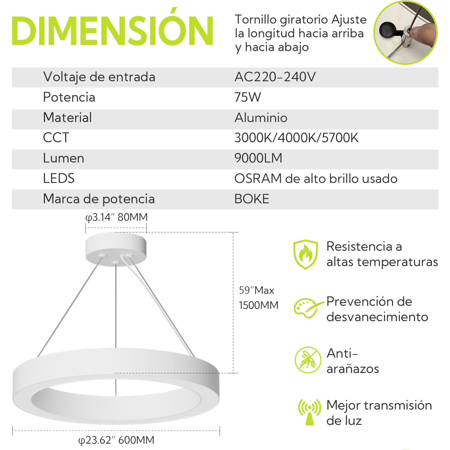 Especificaciones de una lámpara colgante LED redonda: 75W, 9000LM, aluminio, 3000-5700K.