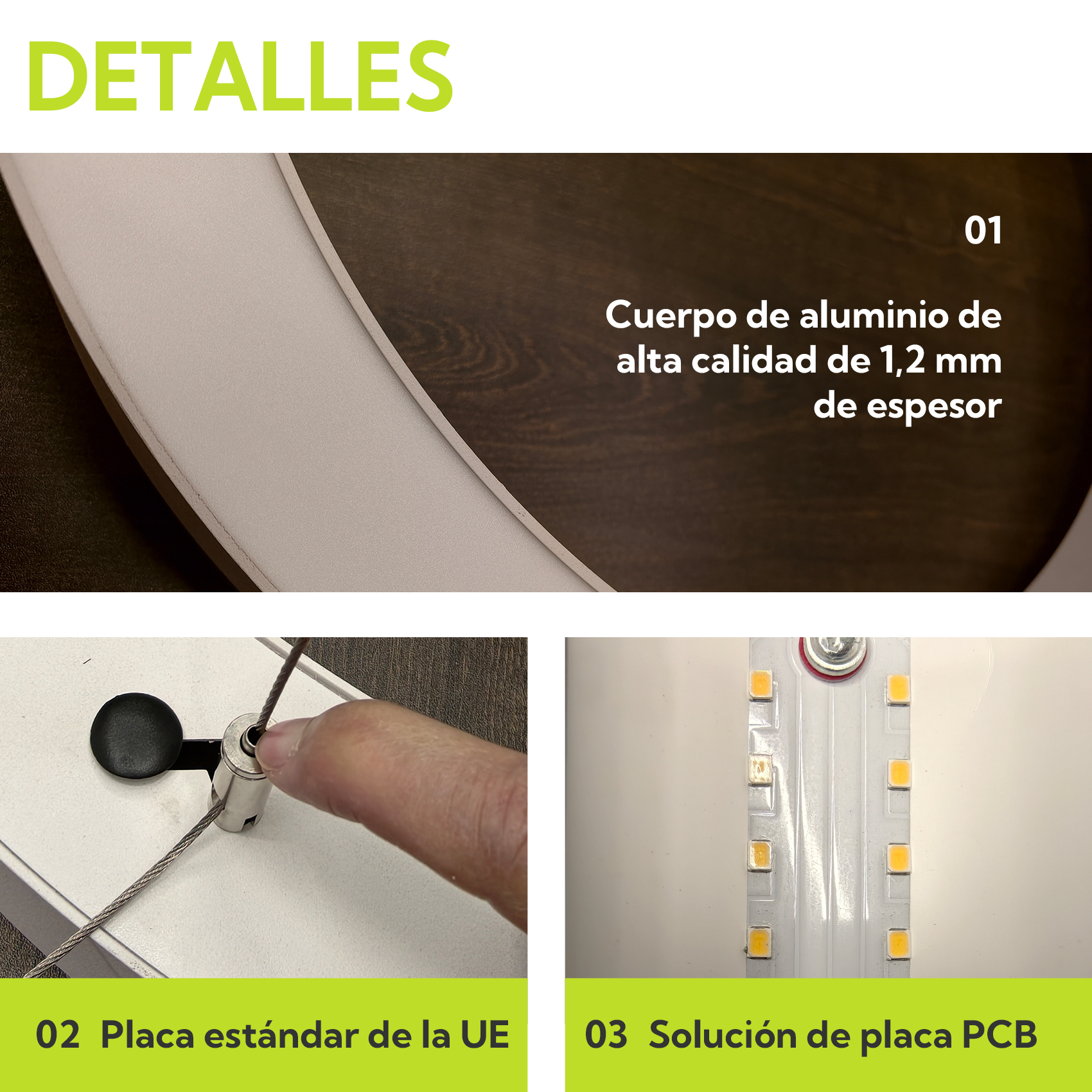Primer plano de un marco de aluminio, una suspensión y una placa de circuito impreso con LEDs.