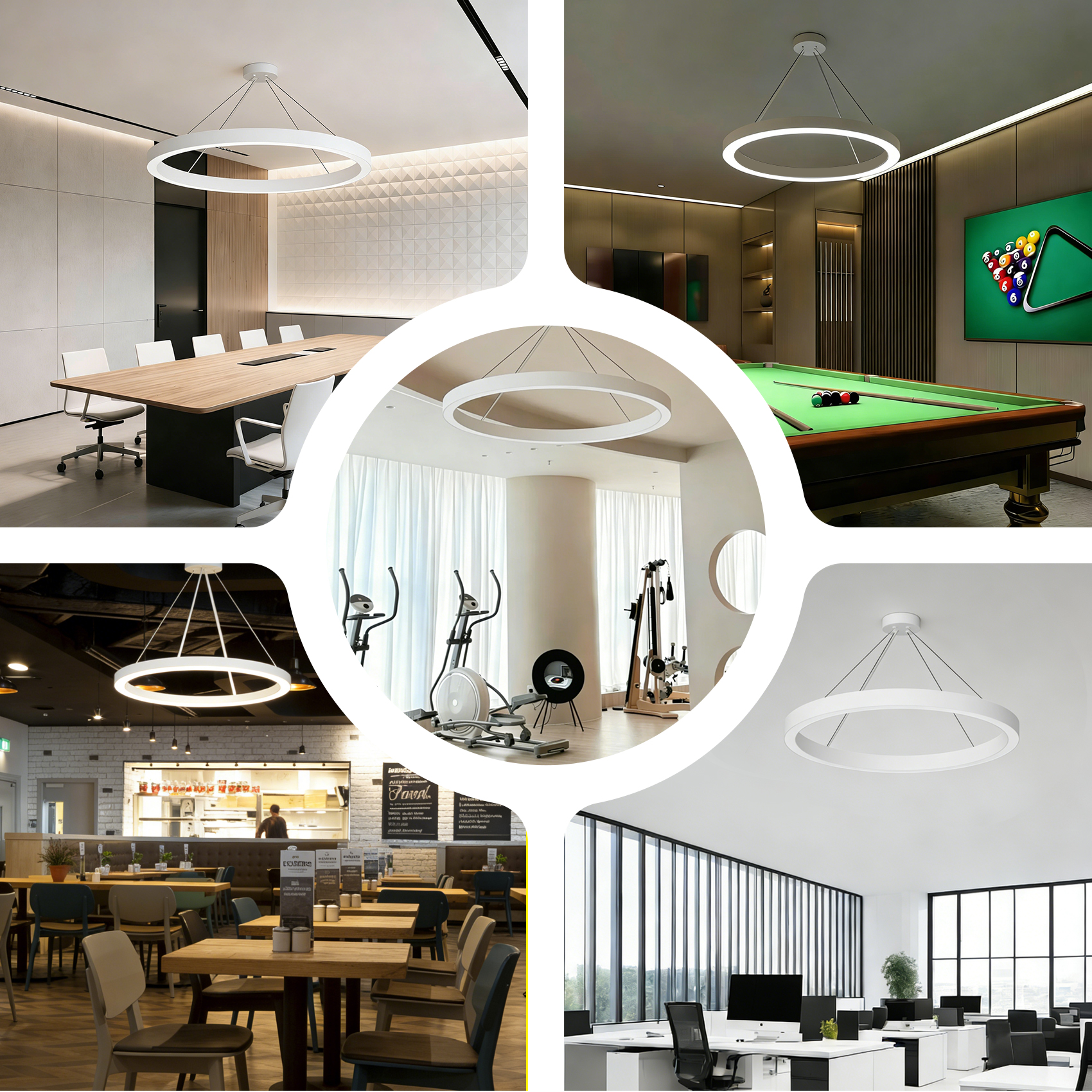 Oficinas modernas, gimnasio, sala de billar, cafetería y sala de conferencias con lámparas.