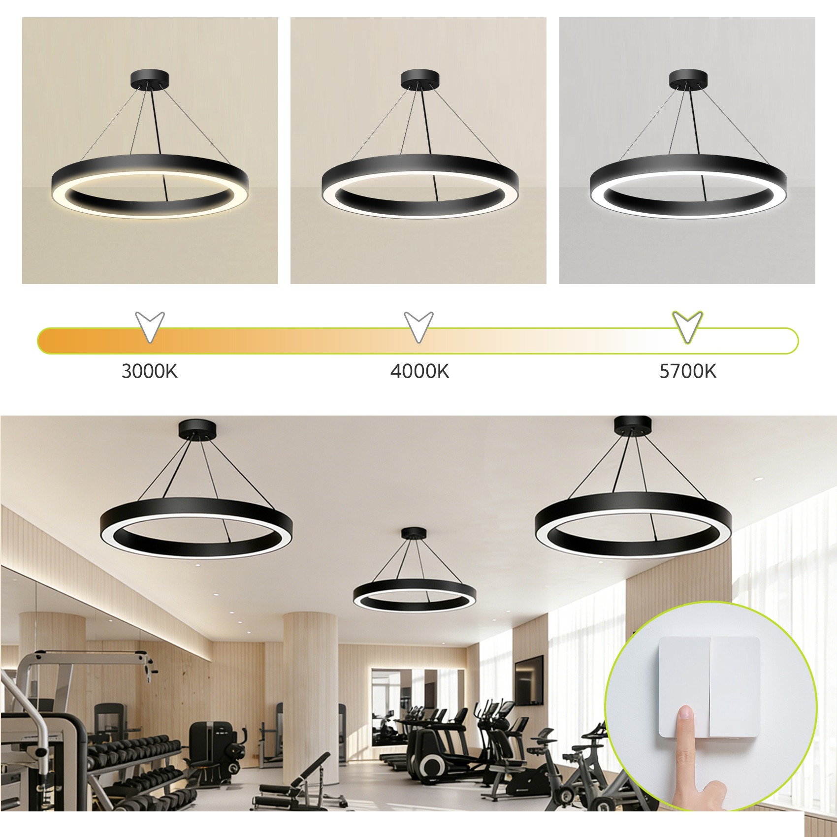 Un gimnasio con cintas de correr, pesas y tres luces colgantes de anillo.