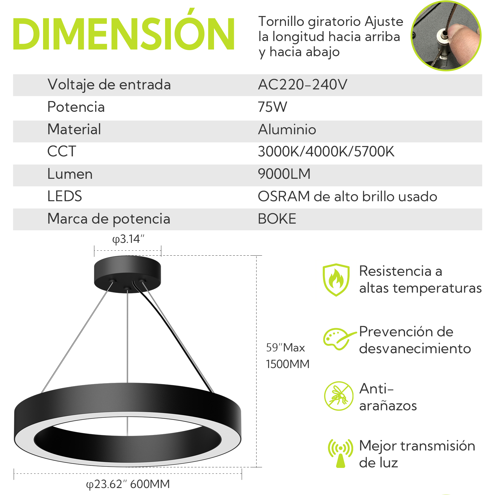 Lámpara colgante de anillo negro con especificaciones: 75W, 9000LM, aluminio.