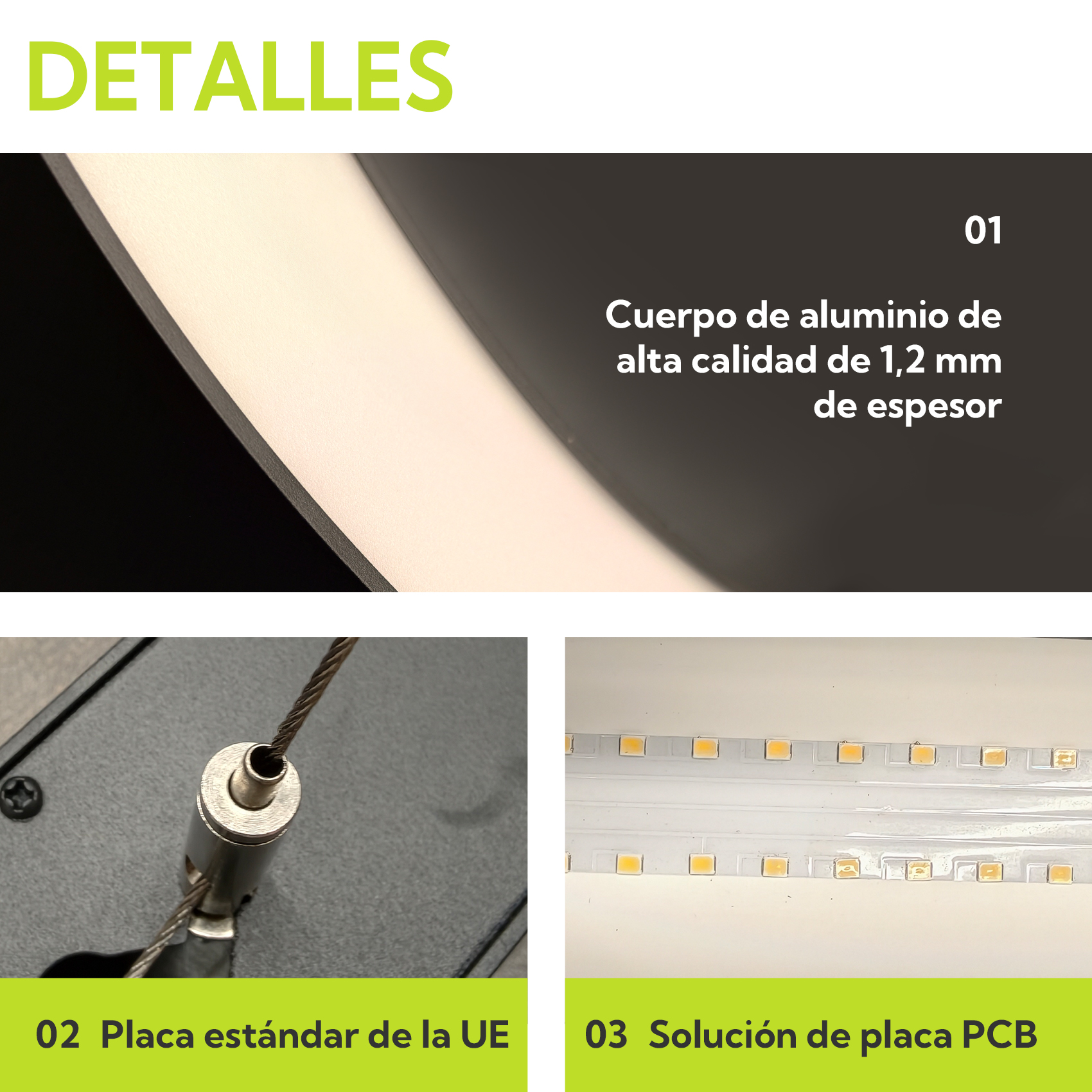 Vista de detalles: Cuerpo de aluminio, placa UE, solución PCB