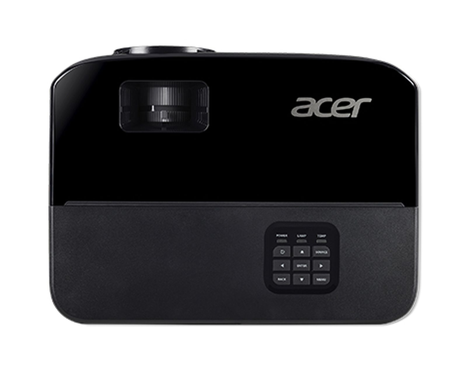 Un proiettore Acer nero con lente anteriore e pulsanti di controllo laterali.