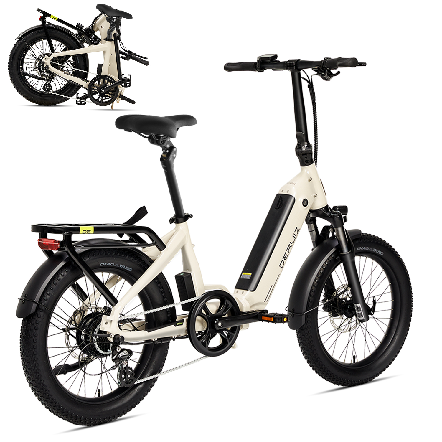Cremefarbene faltbare Elektrofahrrad mit schwarzen Akzenten und dicken Reifen. Ungefaltet und gefaltet gezeigt.