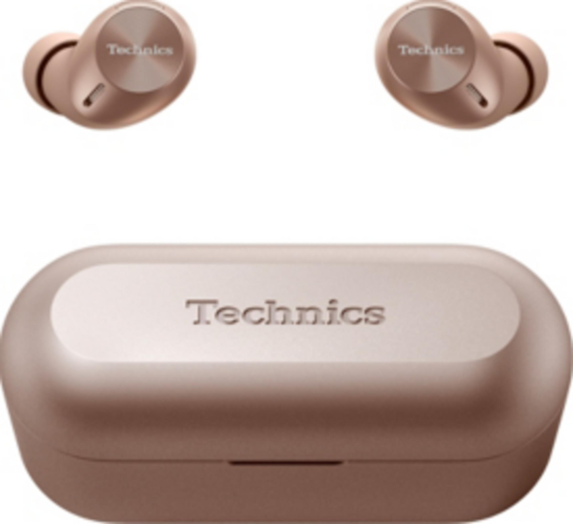 Zwei roségoldene Technics-Ohrhörer über einem geschlossenen Ladecase.