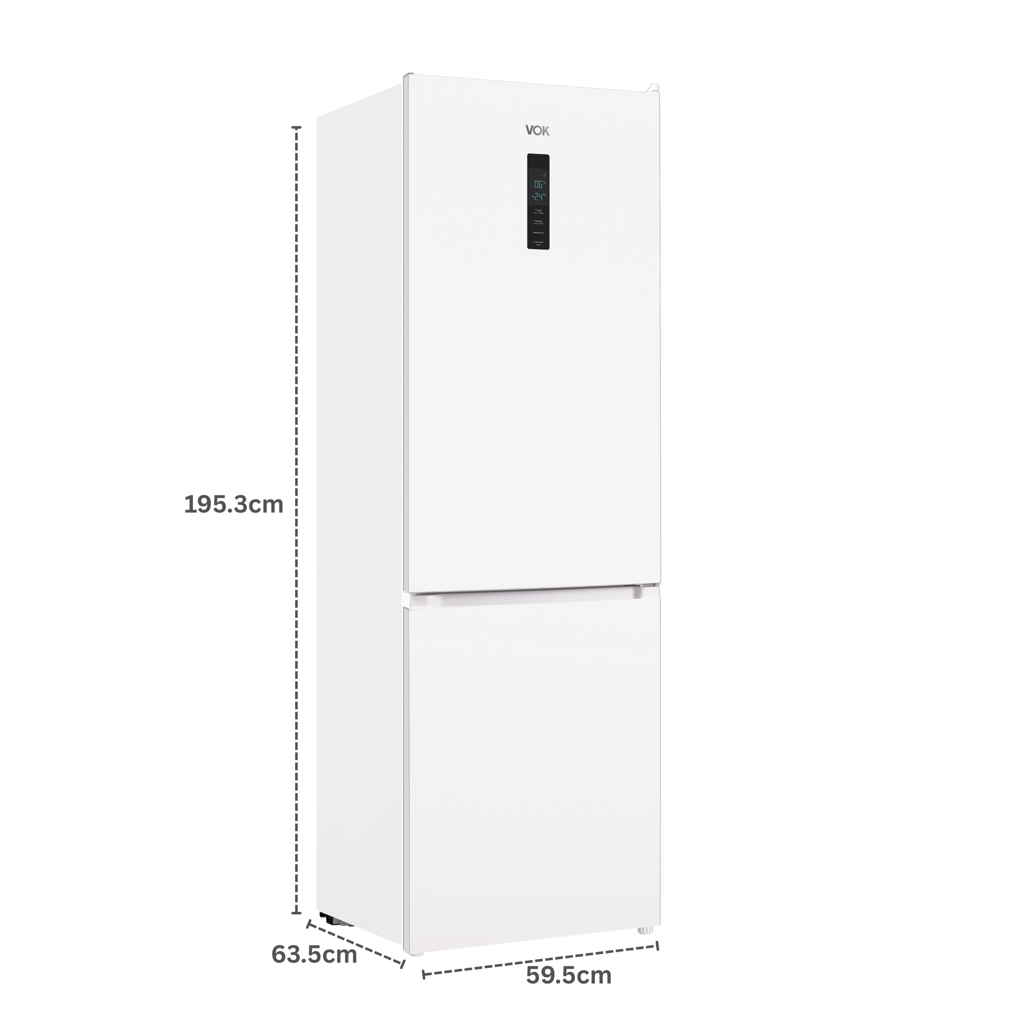 Un refrigerador VOX alto y blanco con pantalla digital en la puerta.