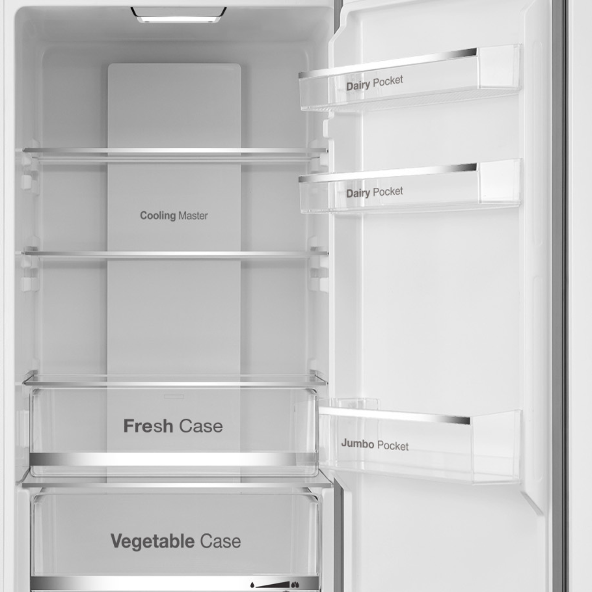 Interior de un refrigerador vacío con estantes y cajones.