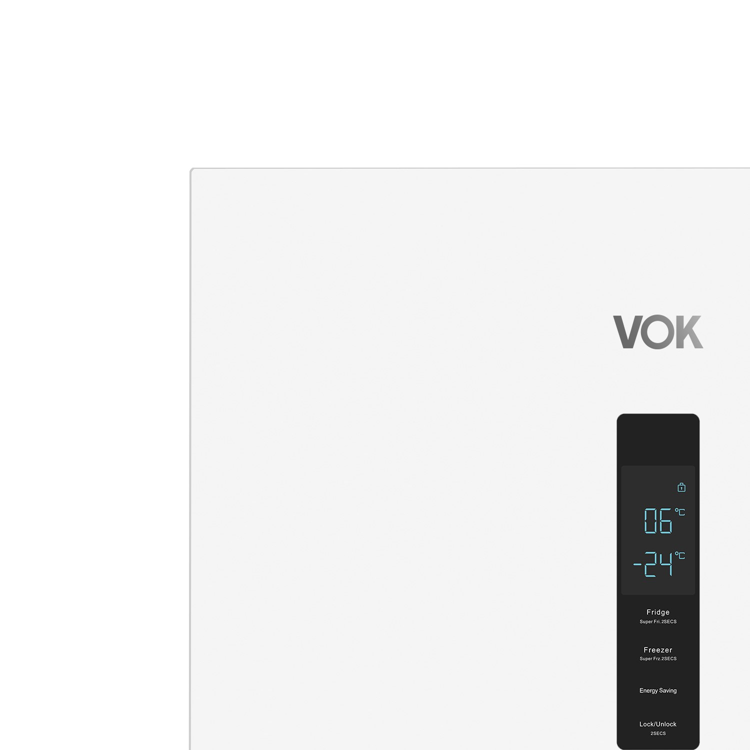 Refrigerador VOK con pantalla digital: 6°C para nevera, -24°C para congelador.