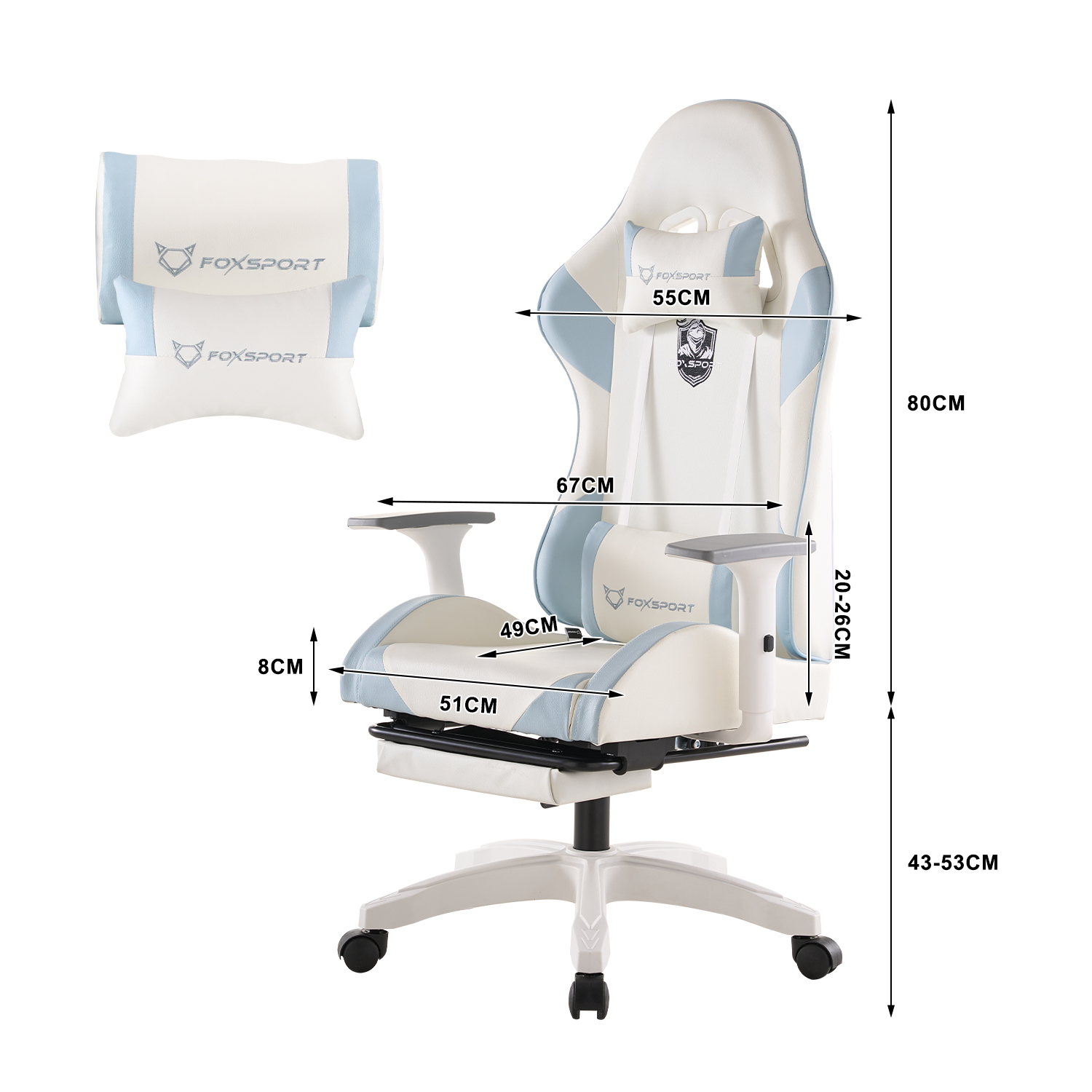 Una silla gamer blanca y azul claro con medidas y cojines.
