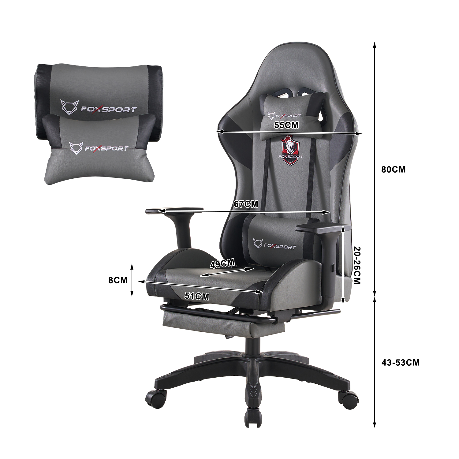 Grauer Gaming-Stuhl mit Maßen, zwei Kissen mit Fox Sport Logo.