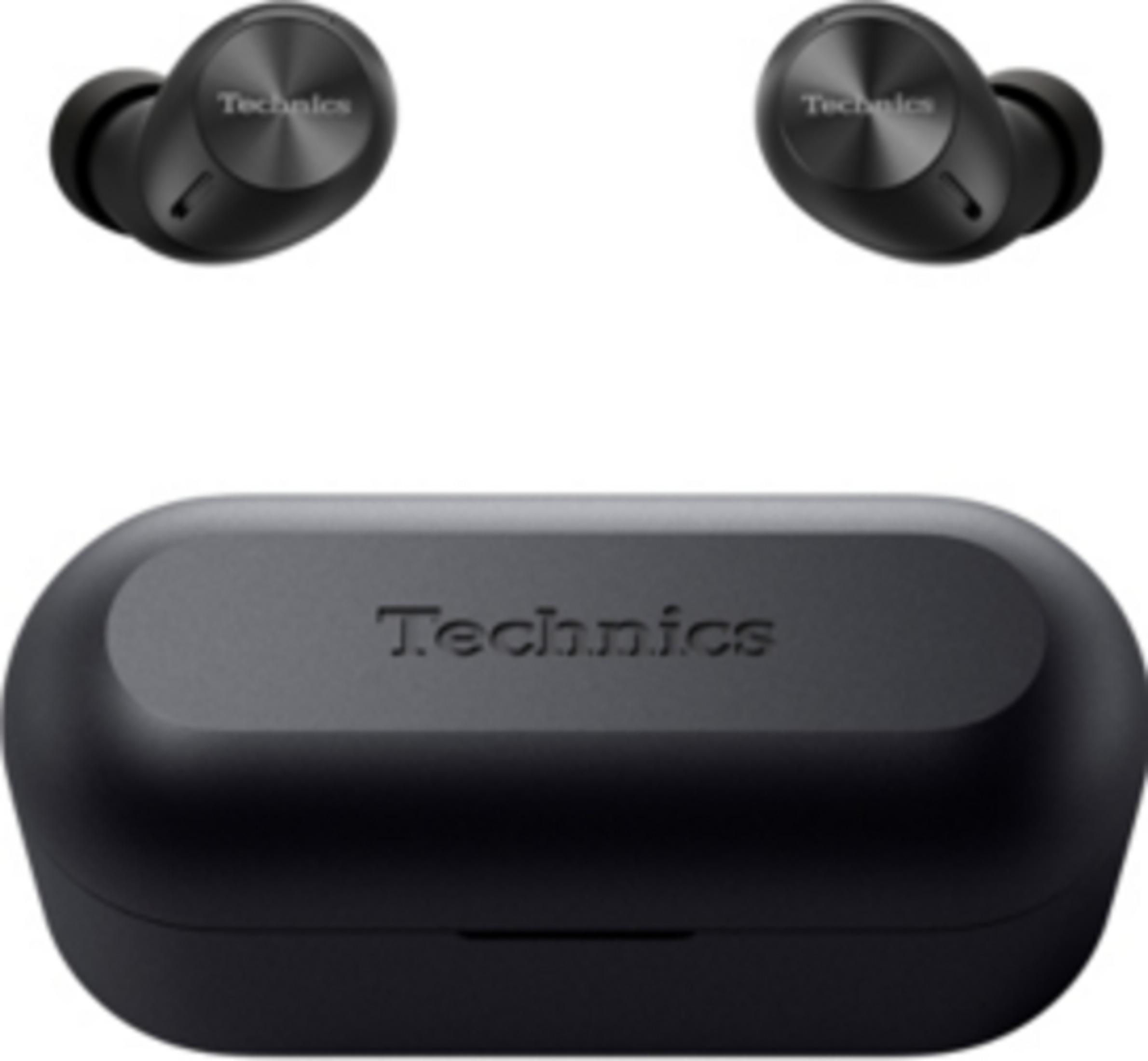 Due auricolari Technics neri e una custodia di ricarica nera.