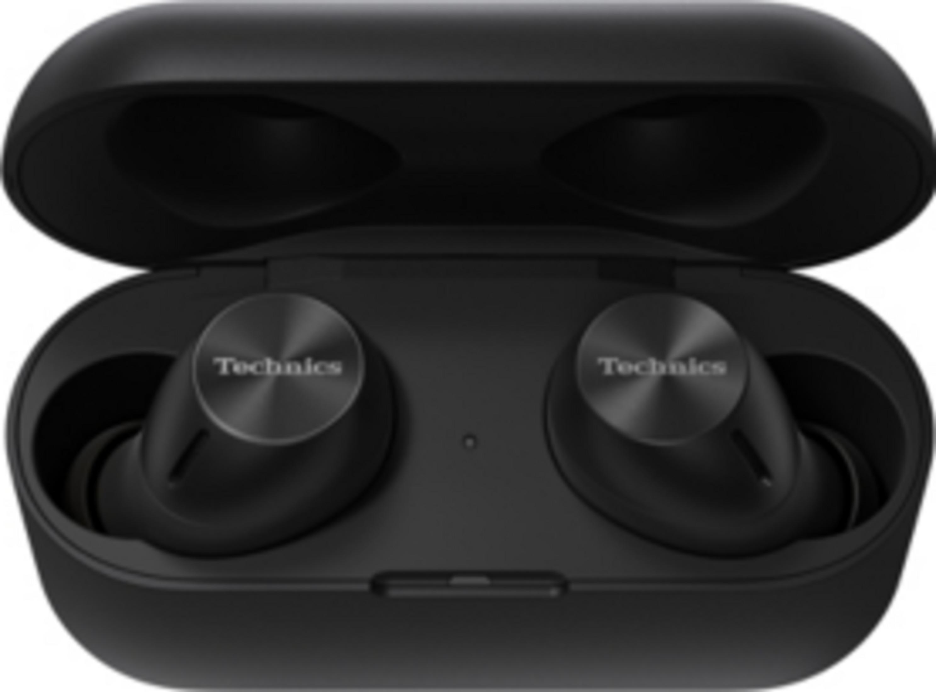 Auricolari neri con custodia di ricarica, marca Technics.