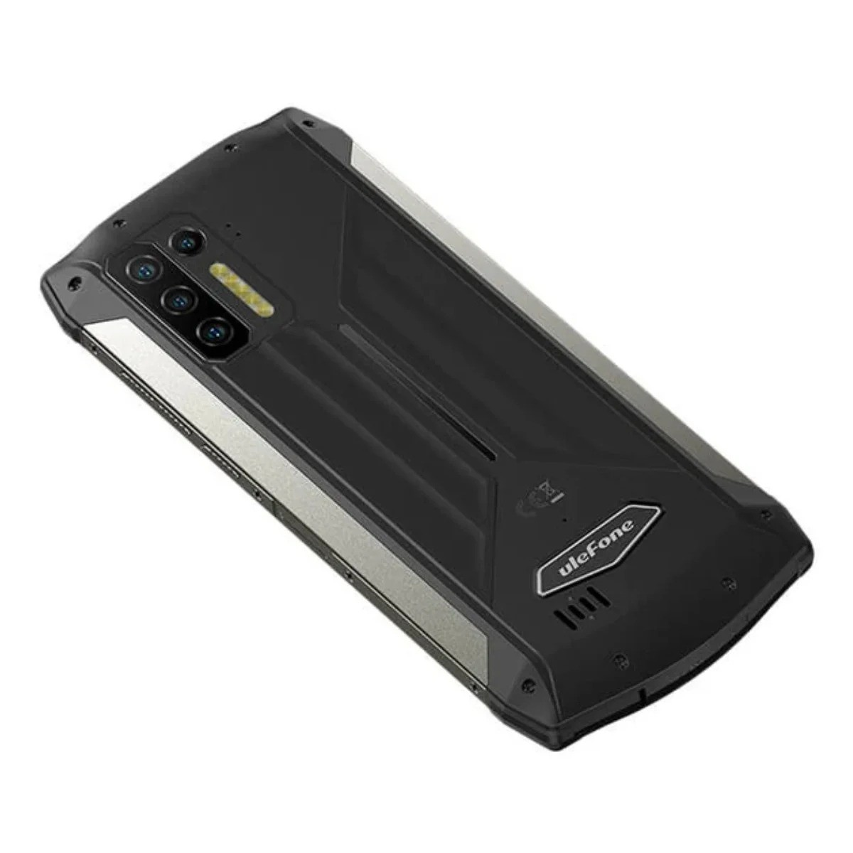 Rückseite eines robusten schwarzen Smartphones mit drei Kameras und Ulefone-Logo.