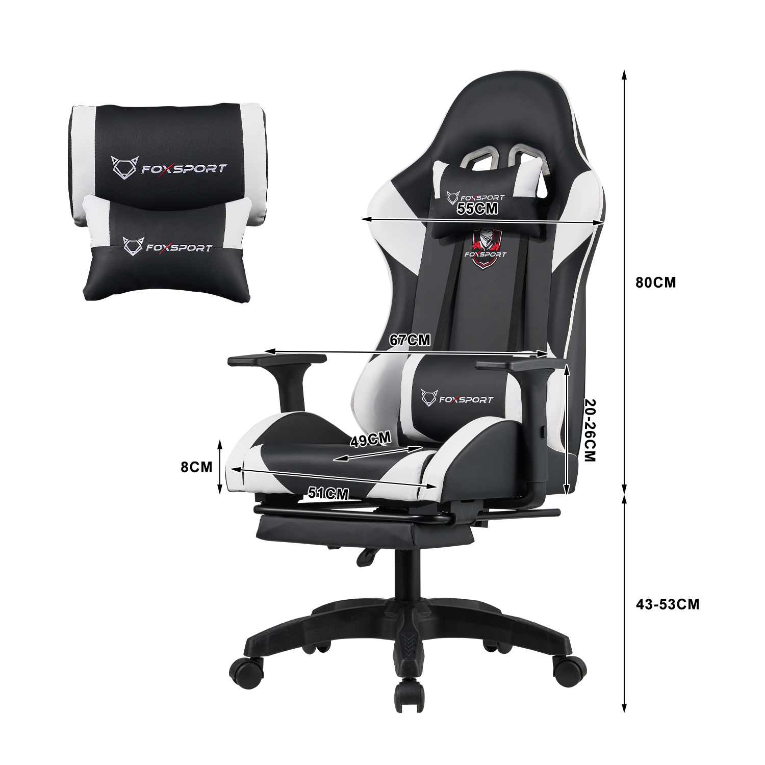 Ein schwarzer und weißer Gaming-Stuhl mit Kissen und Maßen.