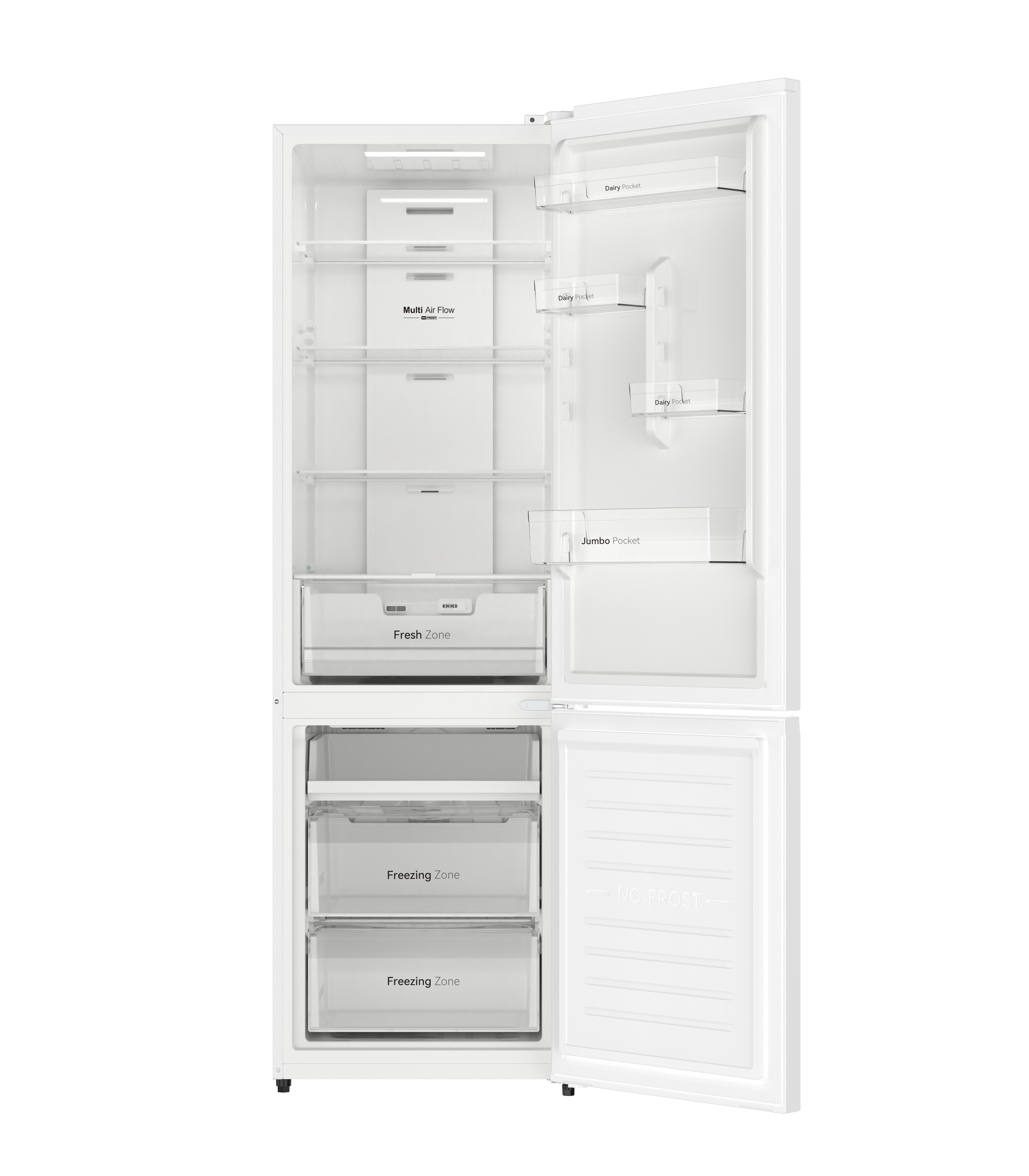 Un refrigerador blanco abierto con varios estantes y cajones.