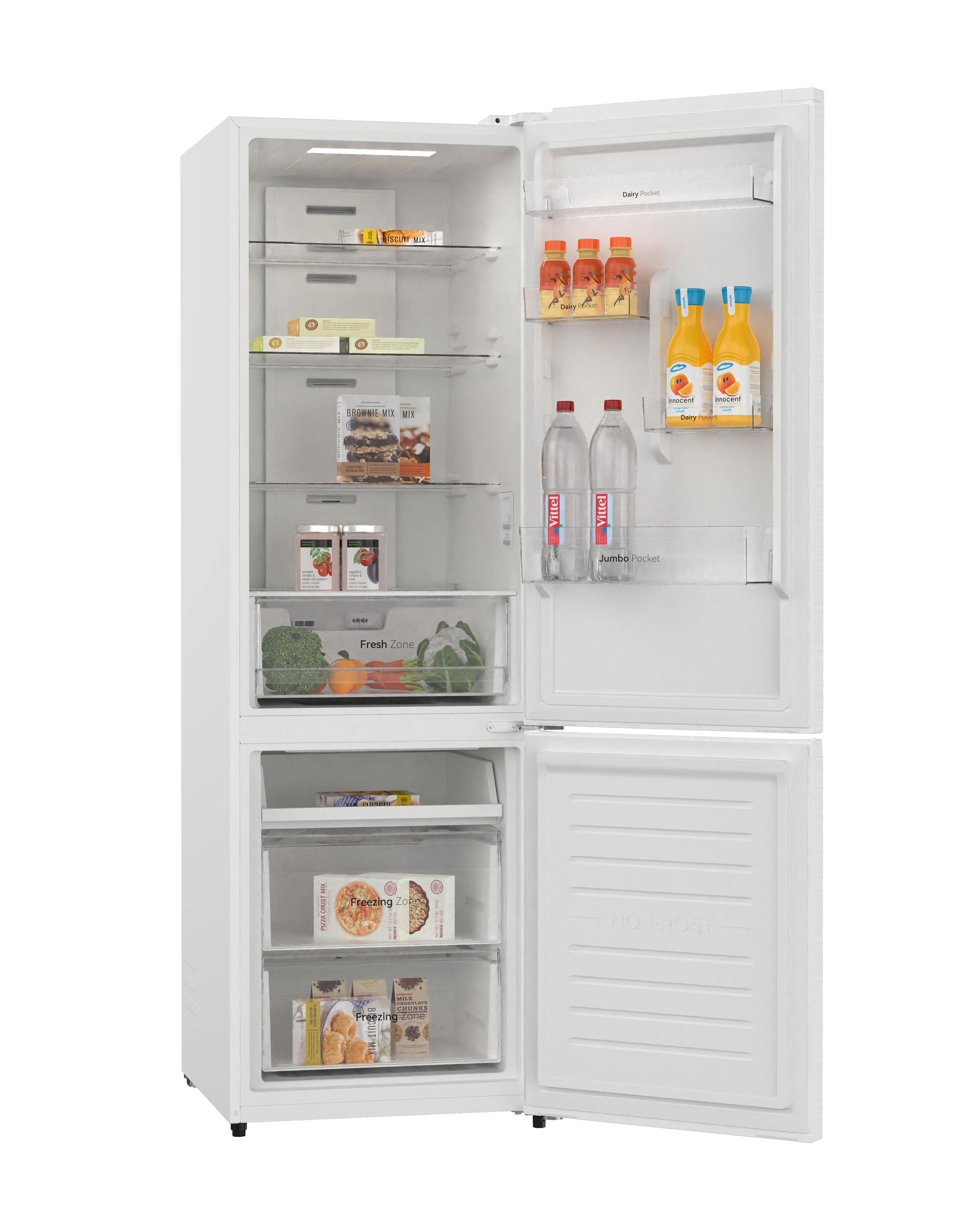 Un refrigerador blanco abierto con alimentos en sus estantes.
