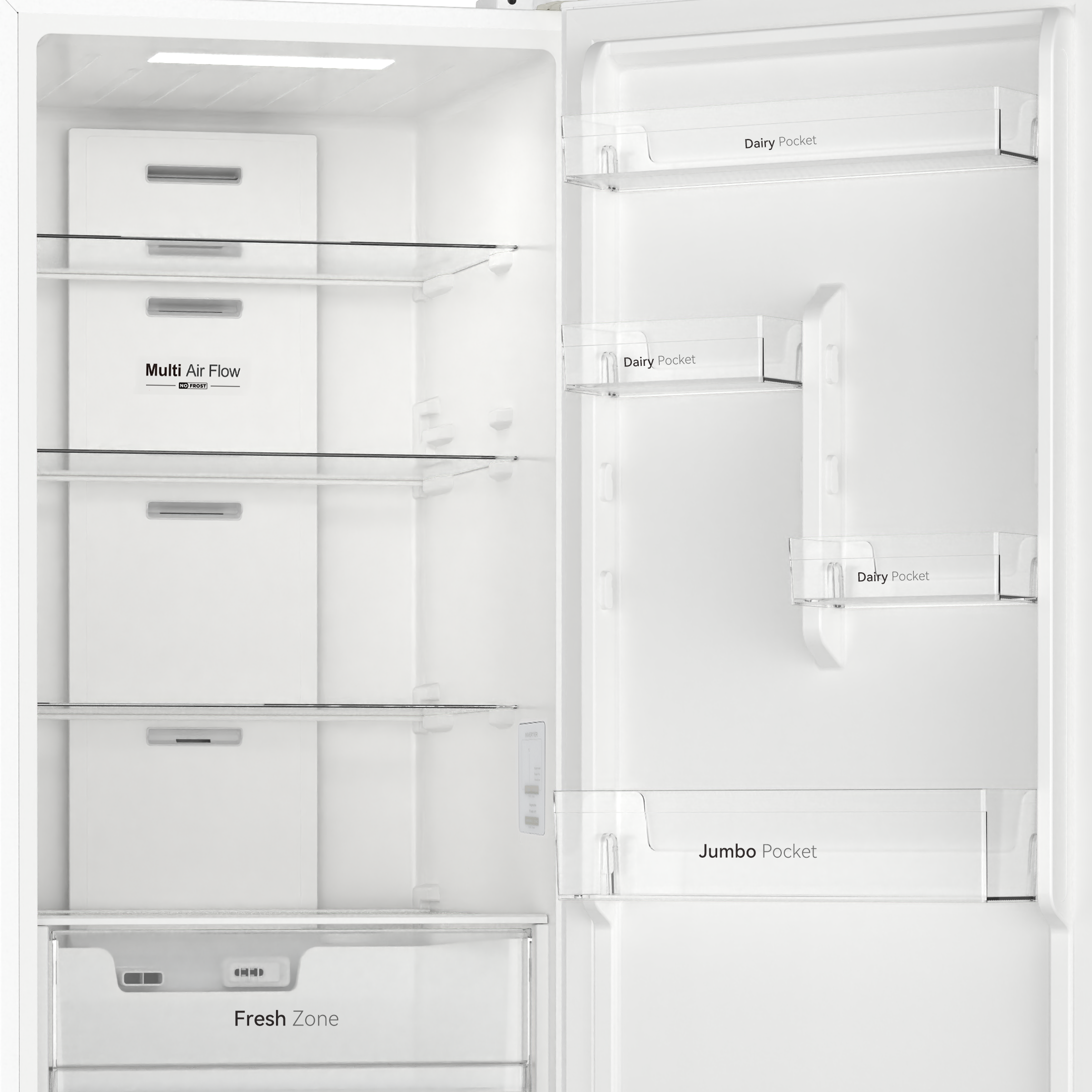 Interior de un refrigerador blanco con múltiples compartimentos y estantes.
