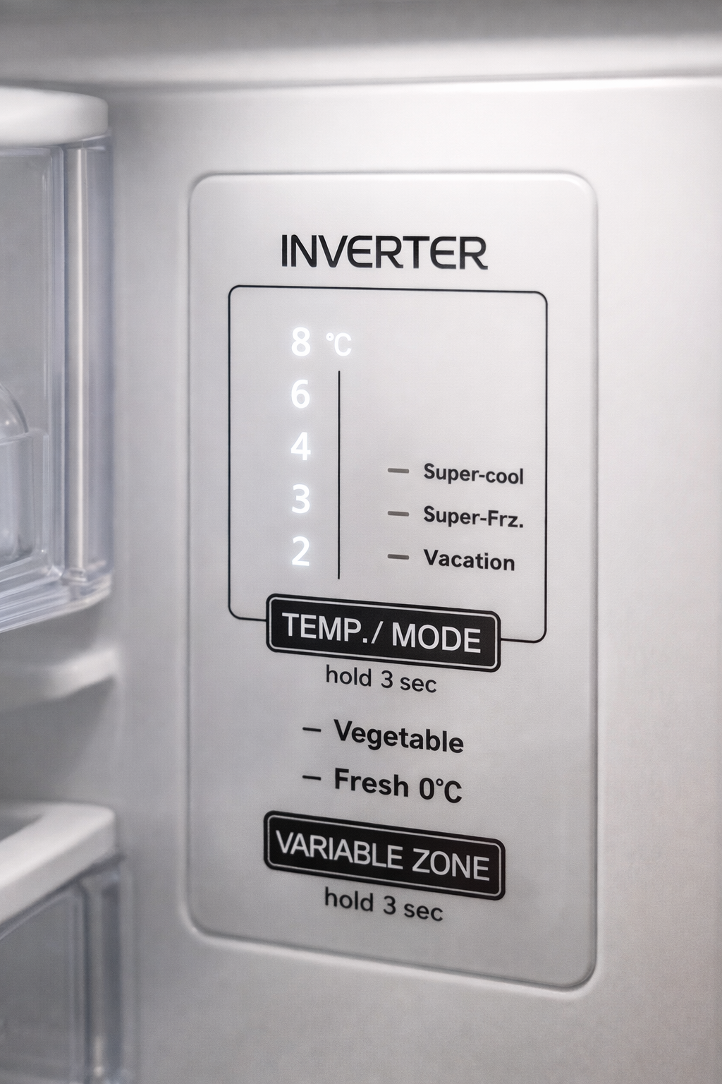 Panel de control de refrigerador con ajustes de temperatura y modos como 'Super-cool'.