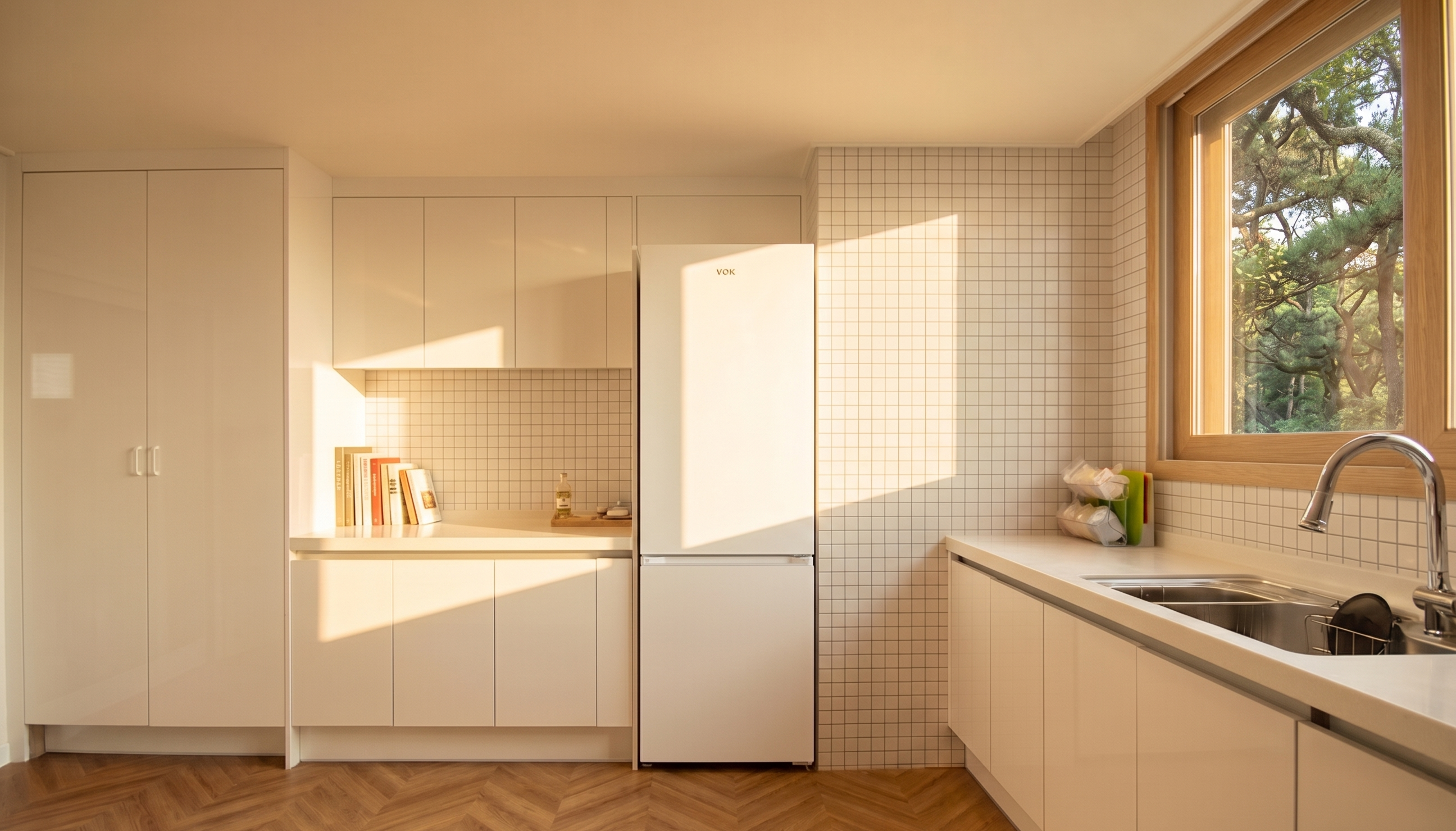 Una cocina luminosa con gabinetes blancos, un refrigerador y una ventana con vista a árboles.
