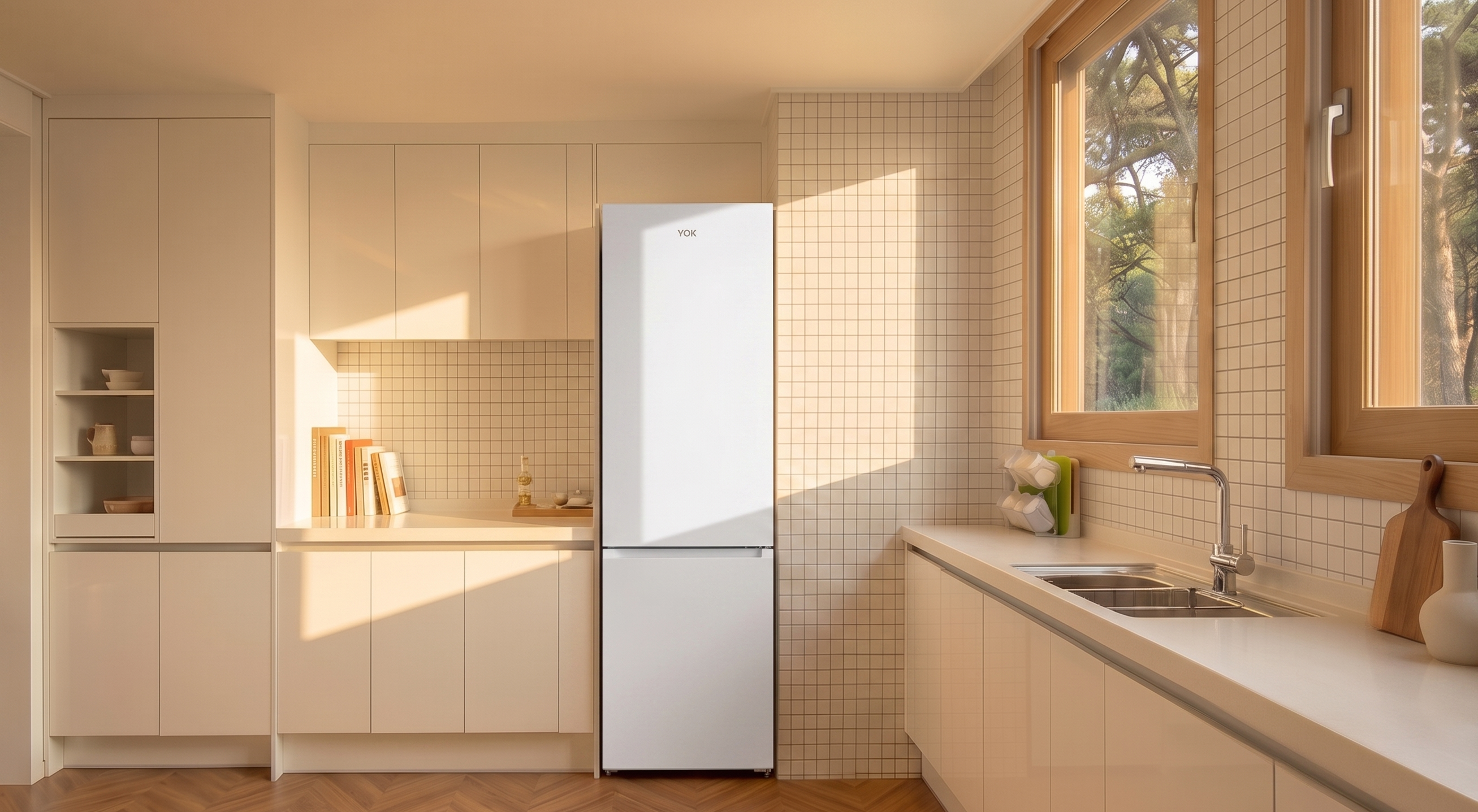 Una cocina blanca con refrigerador, gabinetes, fregadero y ventana.