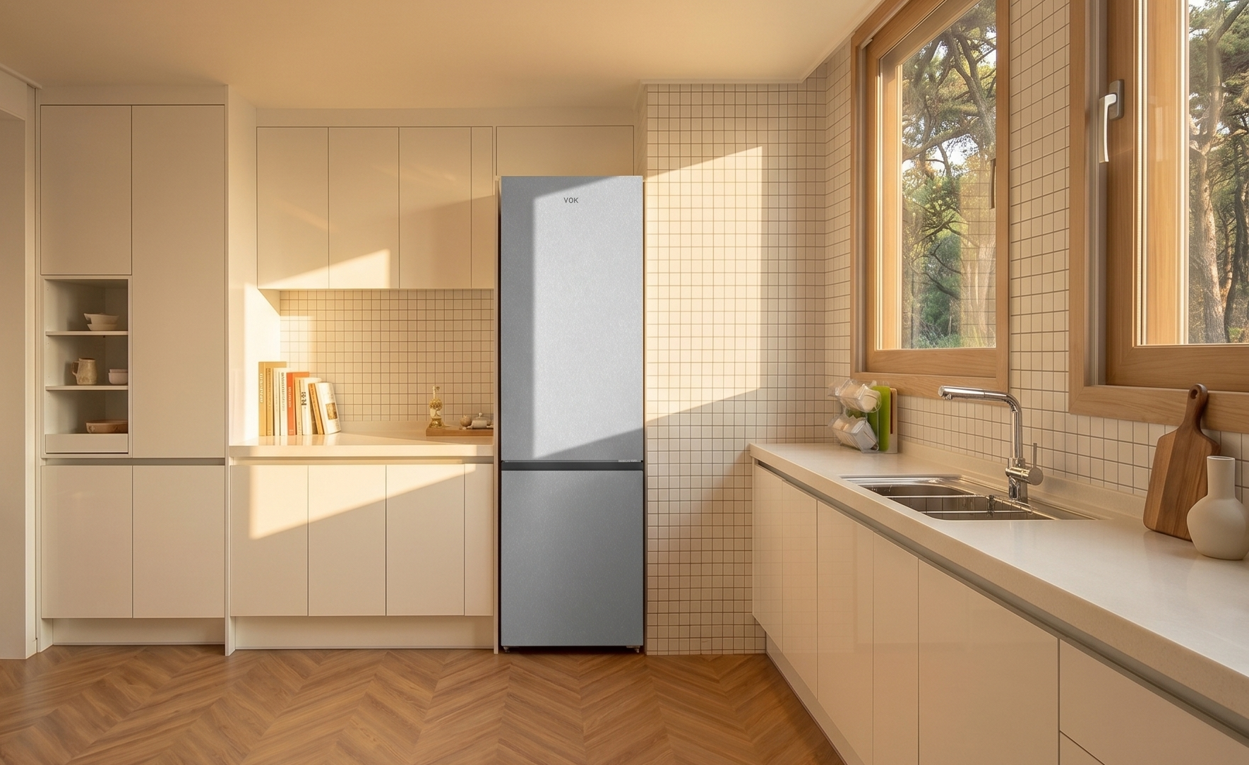 Cocina moderna con refrigerador, fregadero y ventana con vista a árboles.