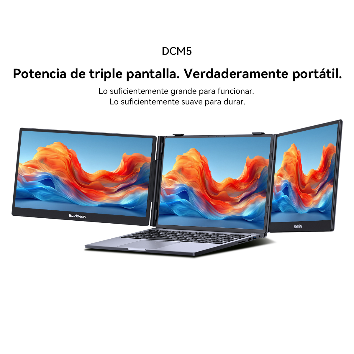 Un portátil con tres pantallas una al lado de la otra mostrando una imagen abstracta.