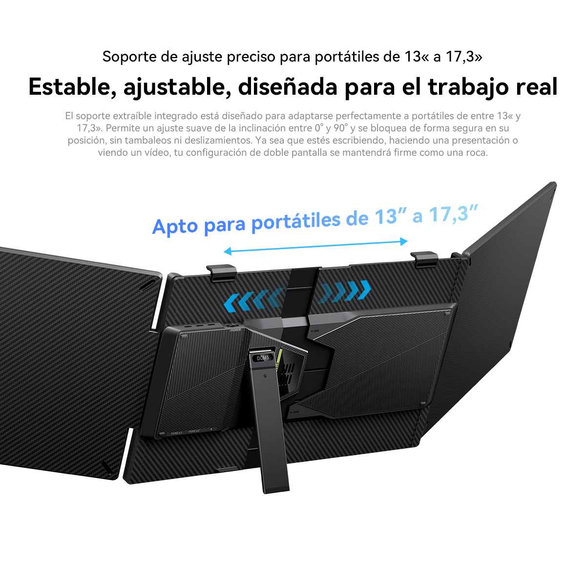 Vista trasera de un soporte para portátil de 13-17,3 pulgadas con patrón de fibra de carbono.