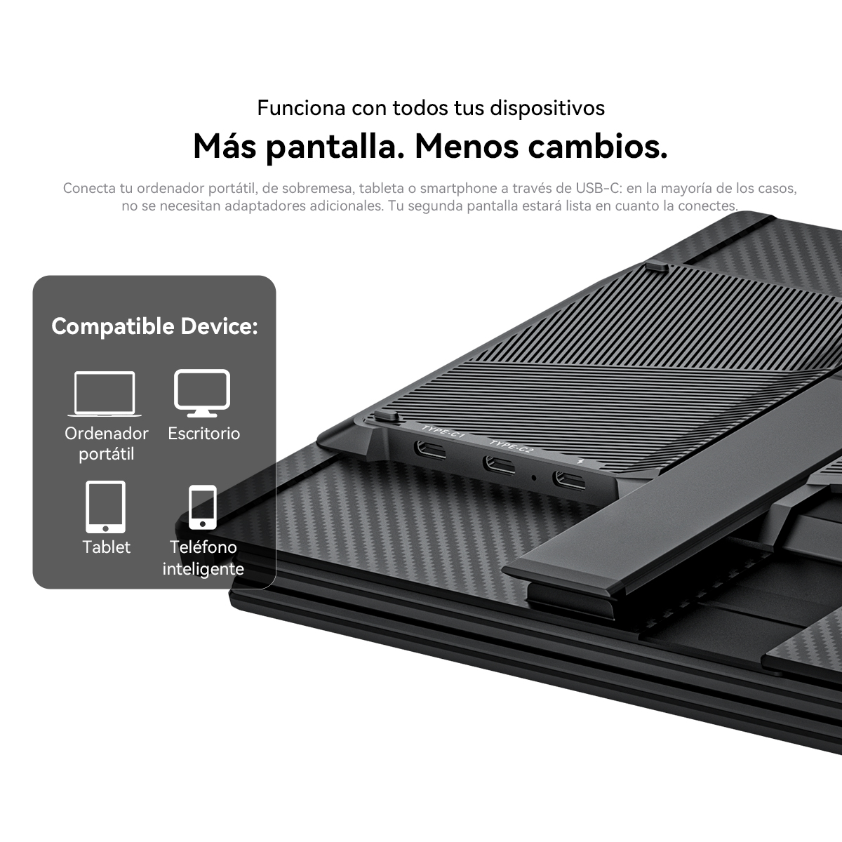 Un monitor portátil USB-C negro y acanalado con puertos.