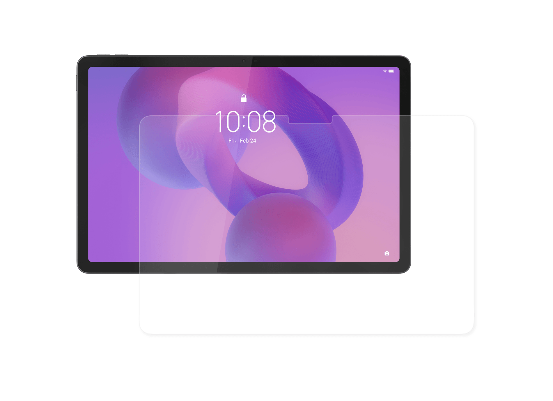 Saat ve tarihli kilit ekranını gösteren ekran koruyuculu bir tablet.