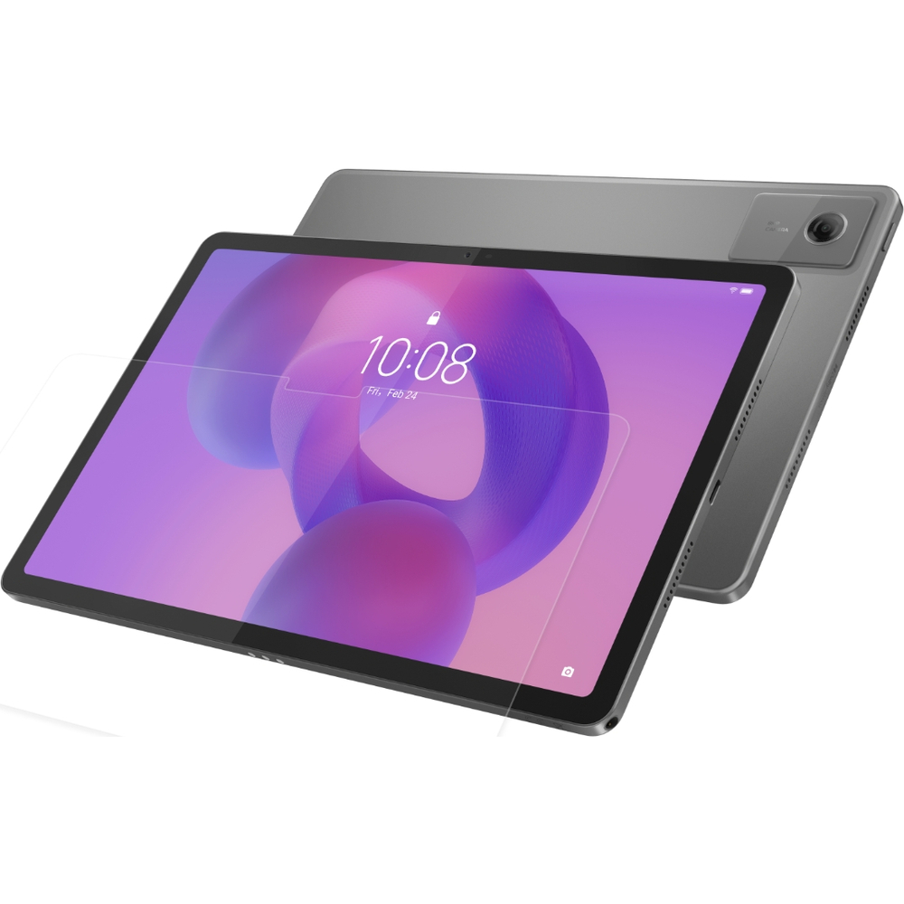 Mor arka planlı, şeffaf ekran koruyuculu gri tablet.