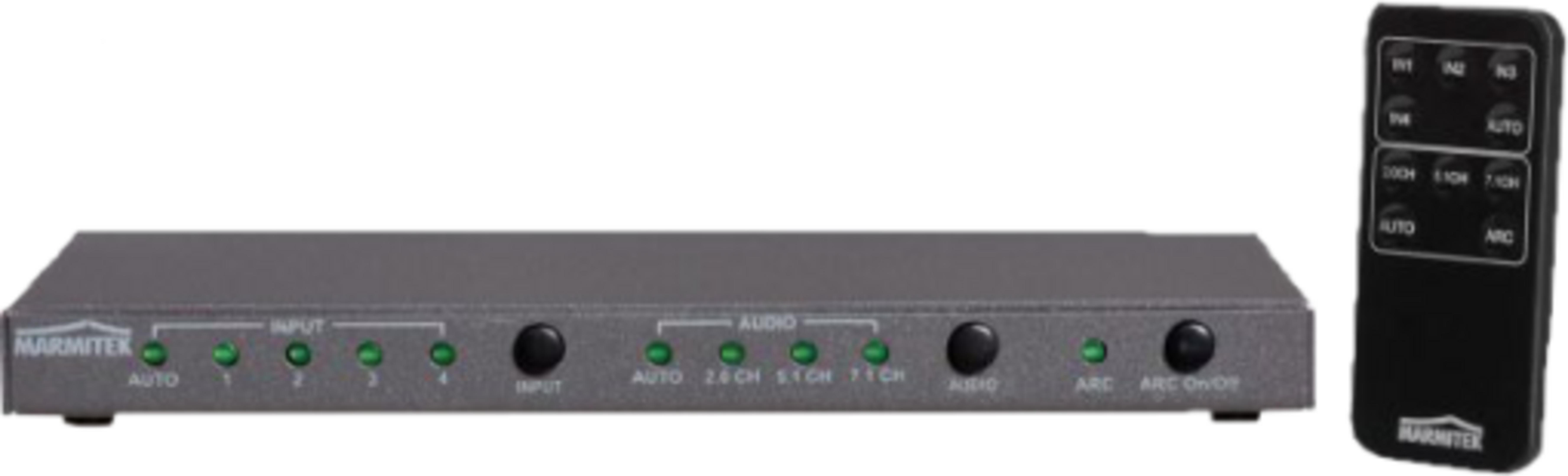 Uno switch AV Marmitek grigio e un telecomando sono mostrati uno accanto all'altro.