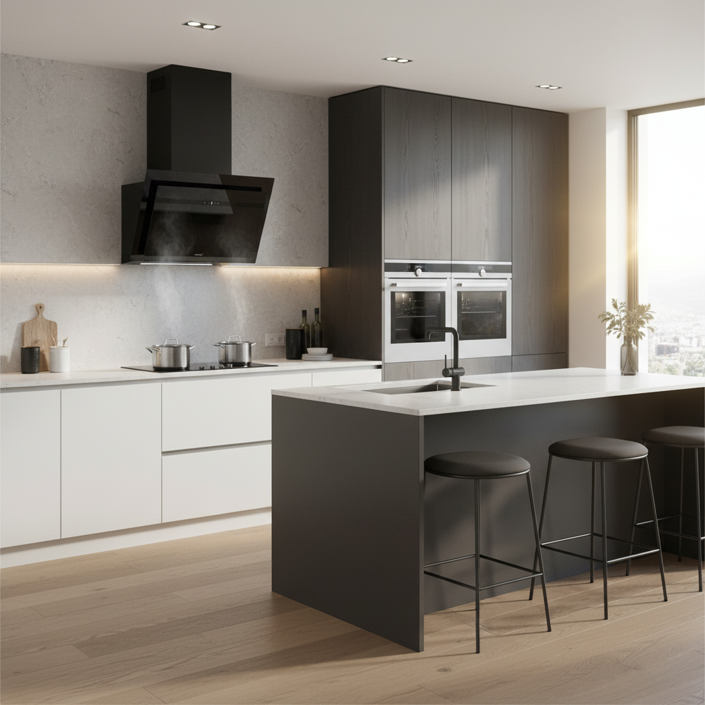 Cocina moderna con campana negra, hornos dobles, isla y taburetes. Humo.