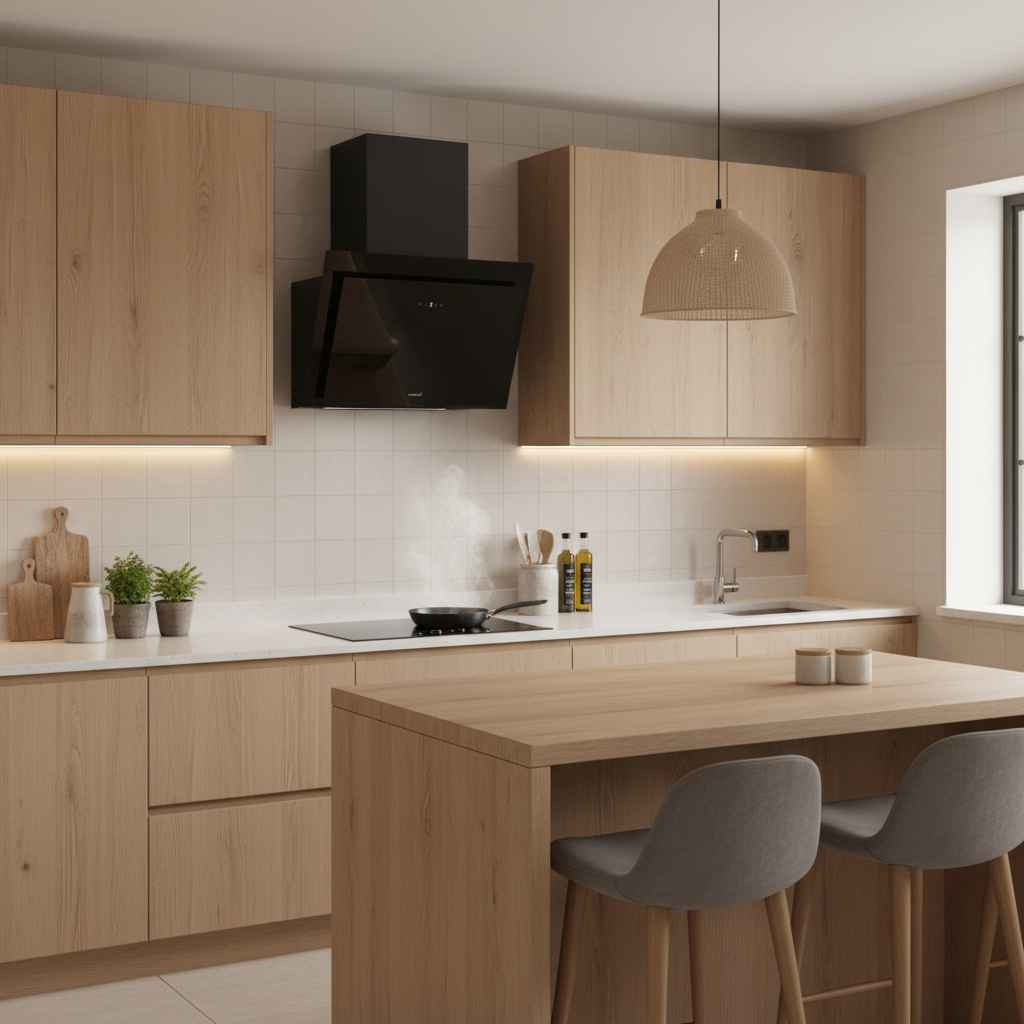 Cocina moderna con gabinetes de madera, campana negra, isla y dos taburetes.