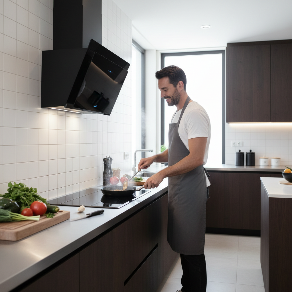 Un hombre con delantal cocina en una cocina moderna con electrodomésticos de acero inoxidable.