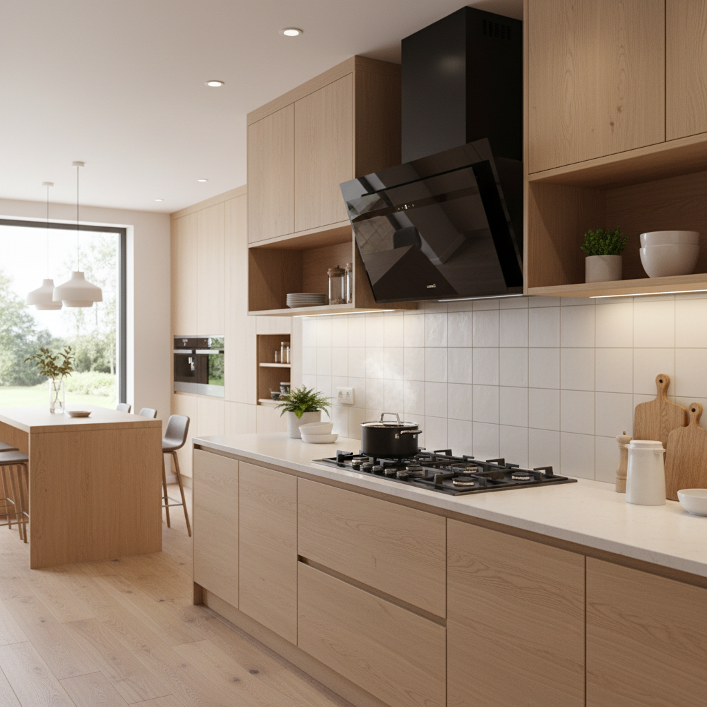 Moderna cocina de madera con campana extractora negra y cocina de gas.