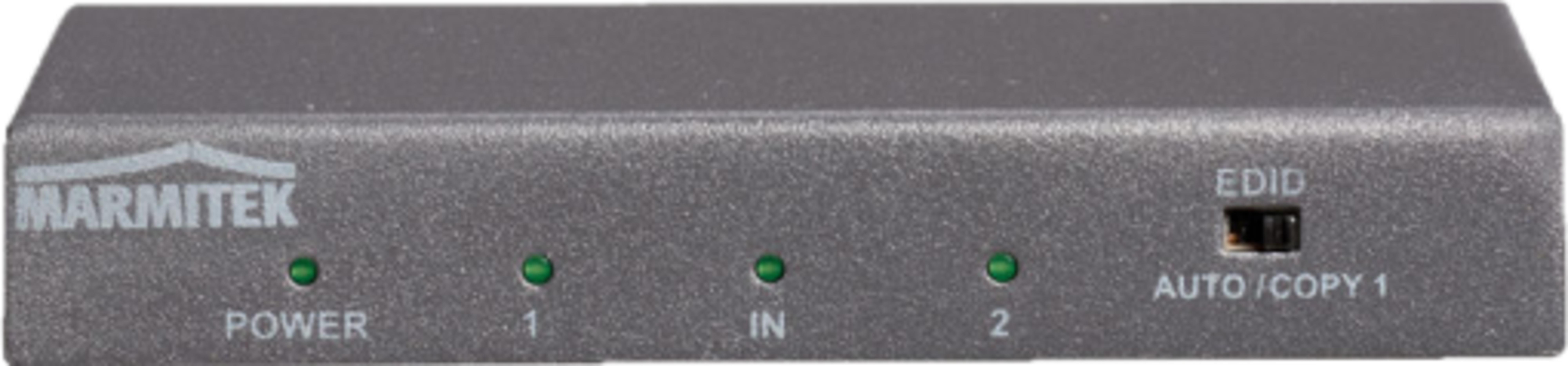 Graues Marmitek-Gerät mit grünen LEDs für Power, 1, In, 2. Schalter für EDID/Auto/Copy 1.