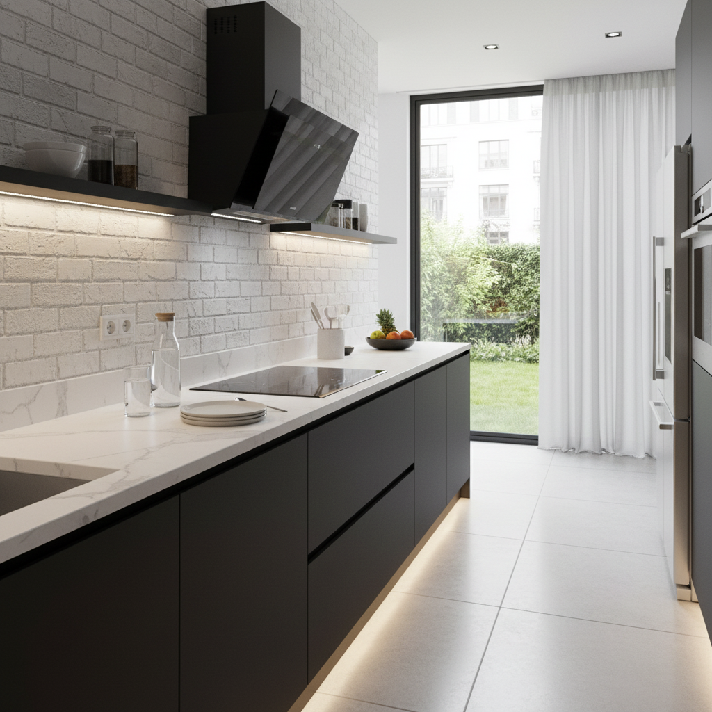 Moderna cocina negra con paredes de ladrillo blanco, isla y vista al jardín.