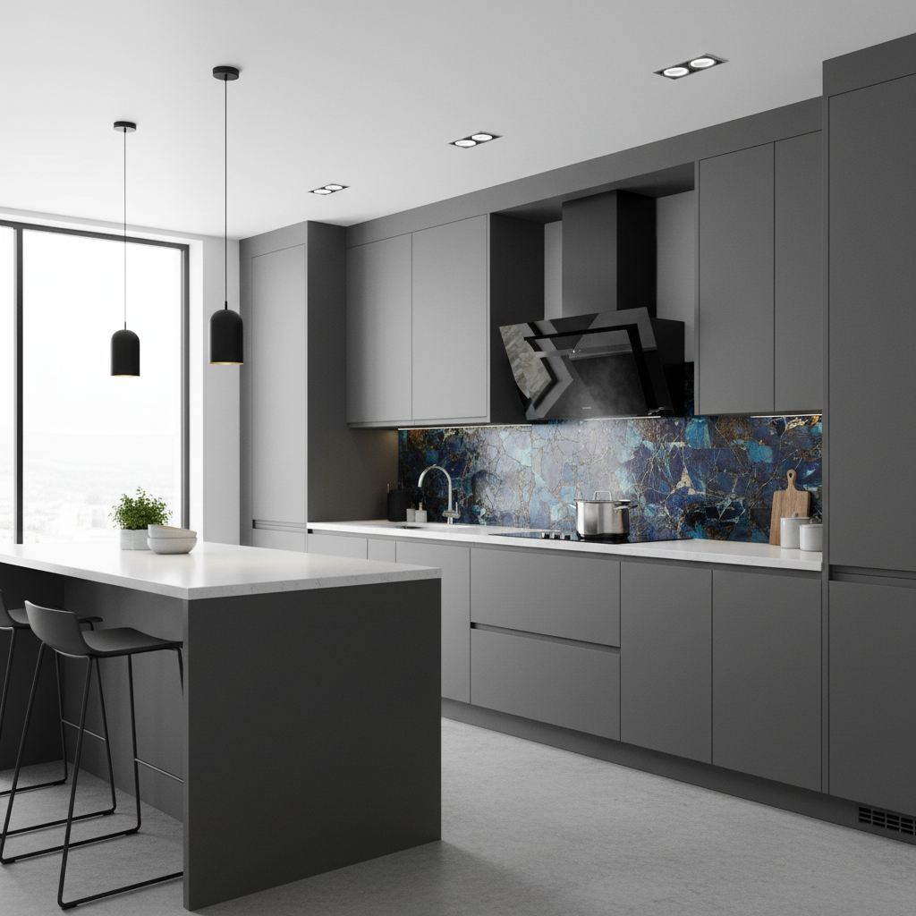 Moderna cocina gris con isla, taburetes y llamativo salpicadero azul.