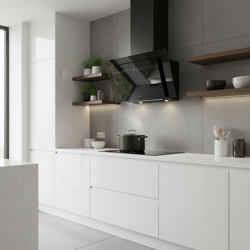 Moderna cocina blanca con campana extractora negra y olla en la estufa.
