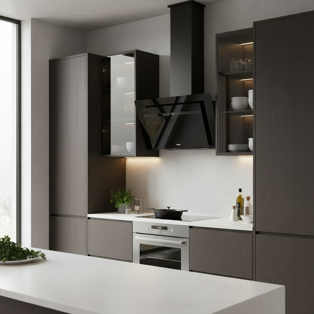 Cocina moderna oscura con campana, horno y armarios. Diseño minimalista.