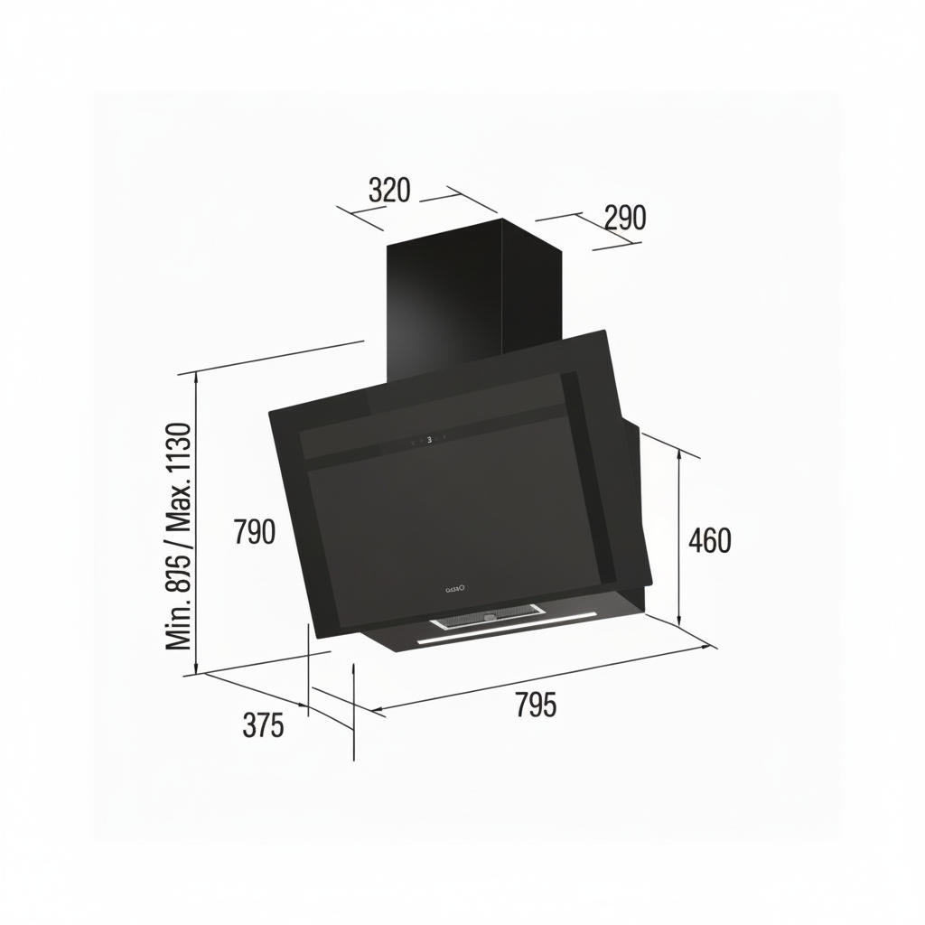 Campana extractora negra con dimensiones: Alto 460, Ancho 795, Fondo 375.