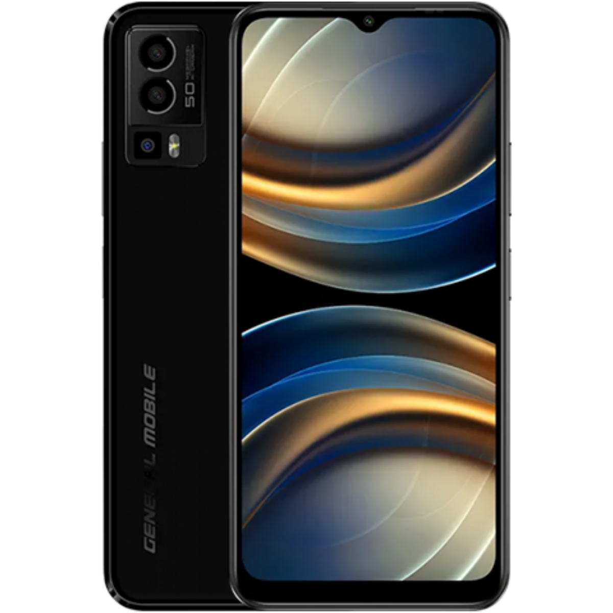 Arka kamera kurulumuna ve "GENERAL MOBILE" logosuna sahip siyah akıllı telefon.