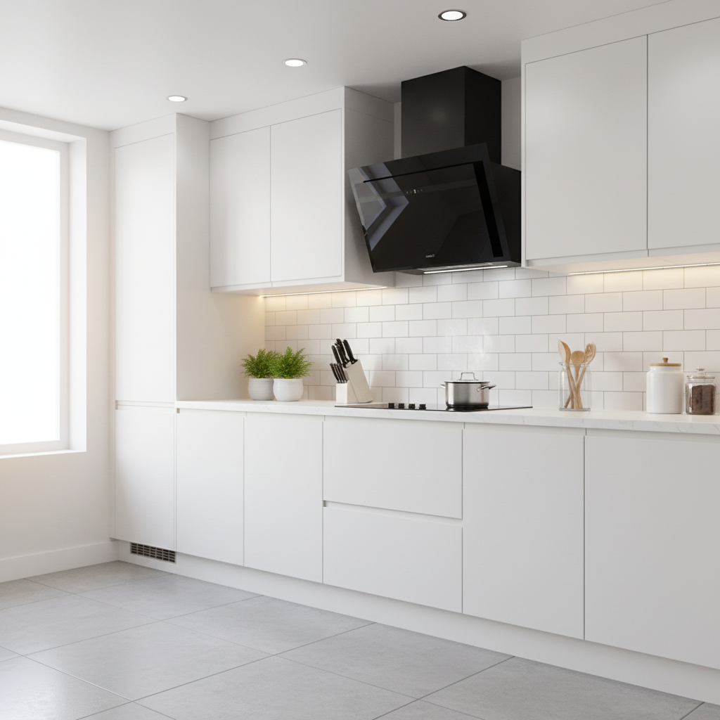 Una cocina blanca moderna con campana extractora negra, azulejos tipo metro y encimeras limpias.